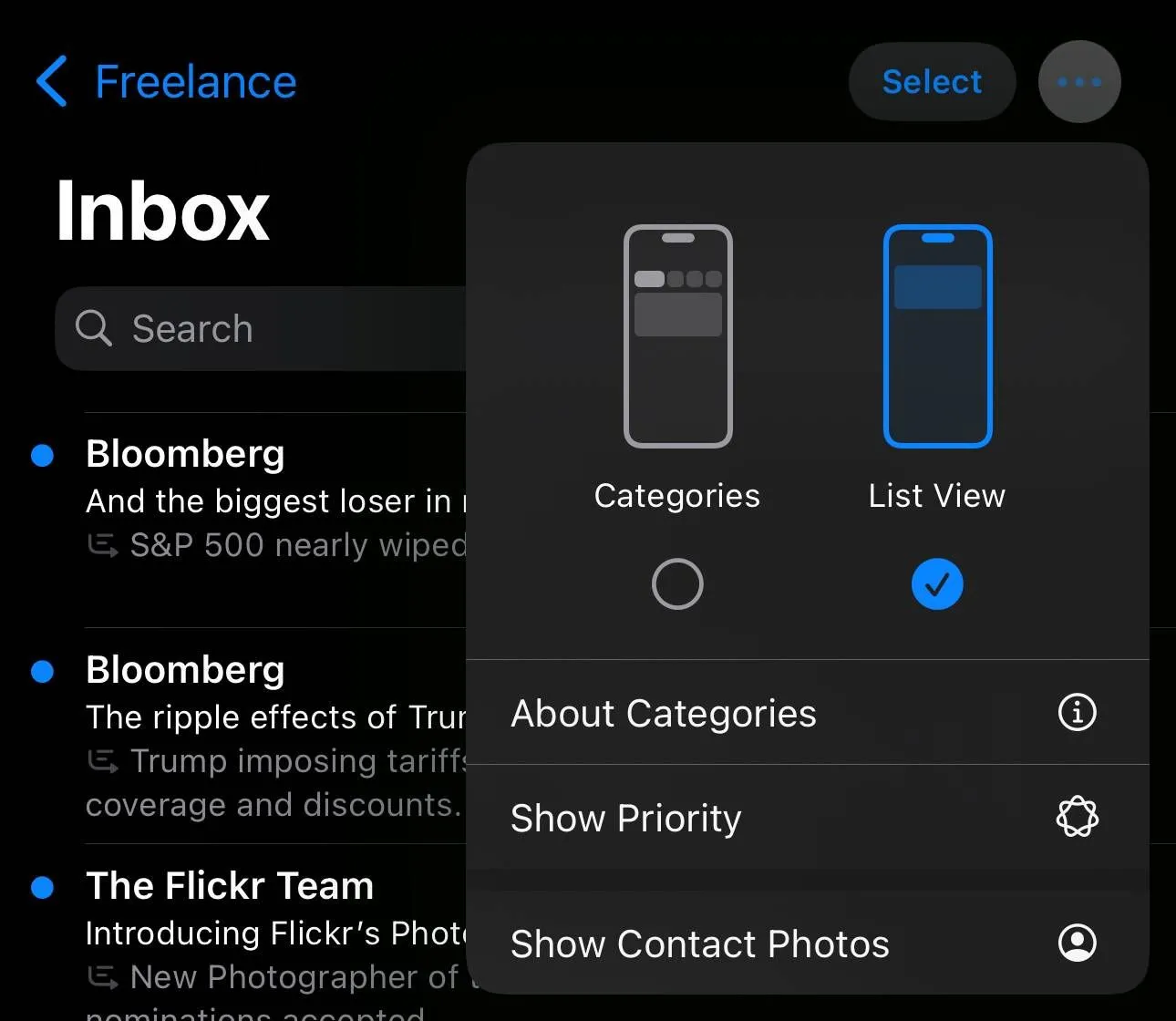 Màn hình tùy chỉnh ứng dụng Mail trên iOS 18.5 beta 1, hiển thị tùy chọn tắt Ảnh liên hệ (Show Contact Photos) và Hộp thư ưu tiên (Show Priority).