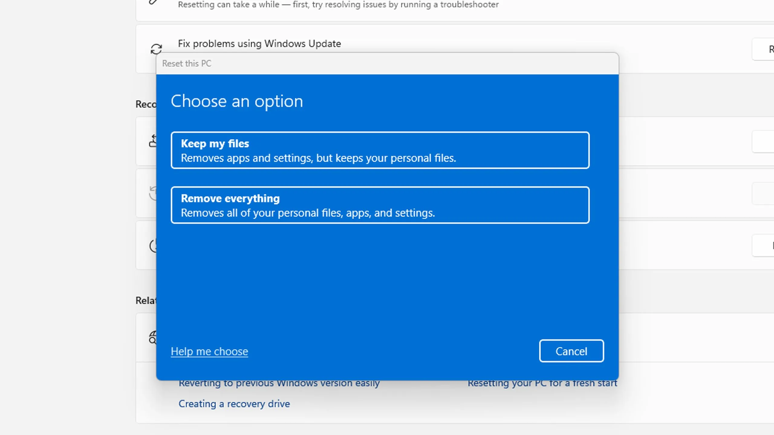 Màn hình tùy chọn &quot;Đặt lại PC này&quot; (Reset this PC) trên Windows 11, với lựa chọn xóa mọi thứ hoặc giữ lại tệp.