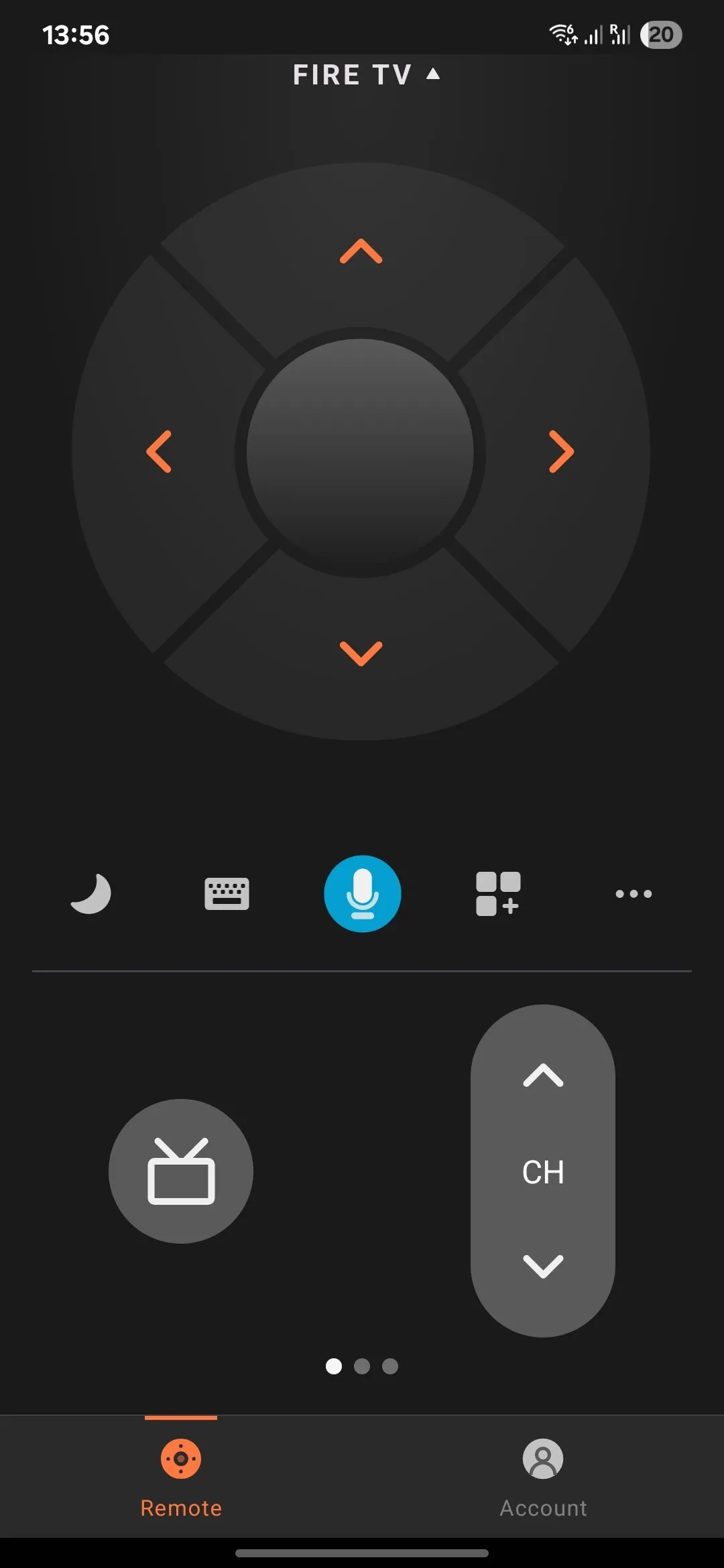 Màn hình ứng dụng Fire TV trên điện thoại hiển thị giao diện điều khiển chính, với các nút điều hướng và bàn phím ảo.