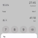 Màn hình ứng dụng Máy tính Samsung với tính năng tính tiền tip và chia hóa đơn hiển thị cách áp dụng phần trăm tip.