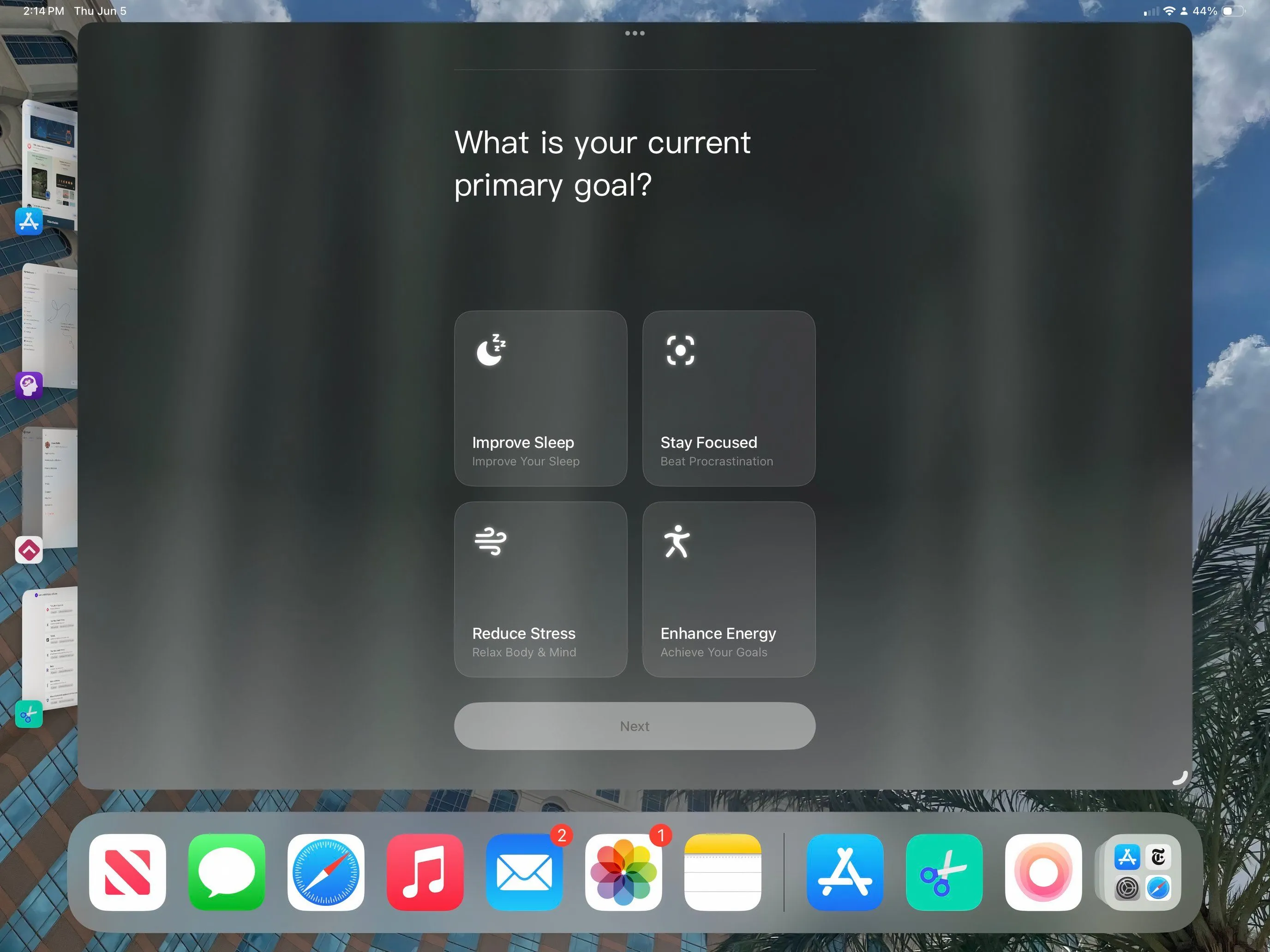 Màn hình ứng dụng TIDE trên iPad với giao diện thiền định và âm thanh thư giãn.