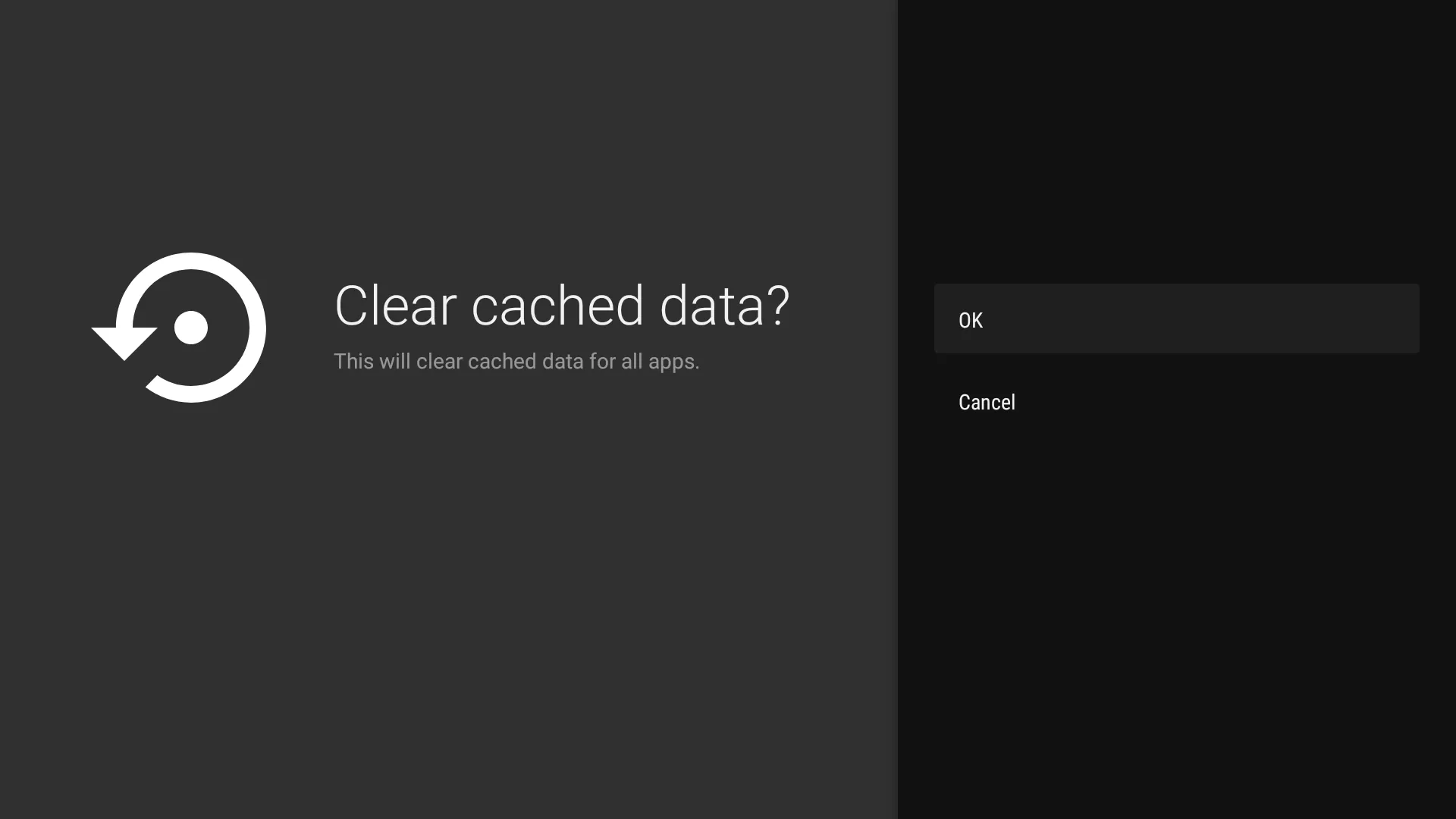 Màn hình xác nhận xóa dữ liệu bộ nhớ đệm (Cached data) trên Google TV, hiển thị tùy chọn để hoàn tất quá trình.