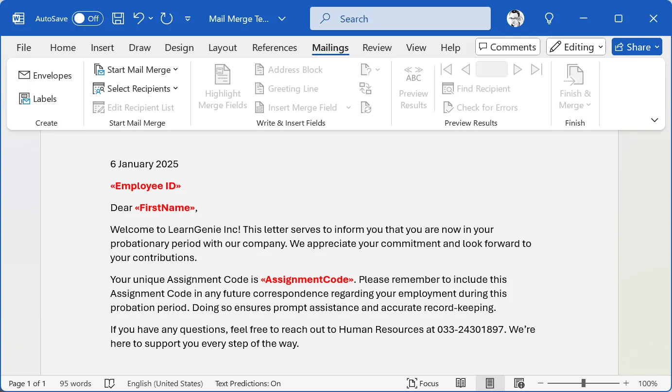 Mẫu thư điện tử trong Word với các trường trộn Mail Merge như Tên và Công ty.