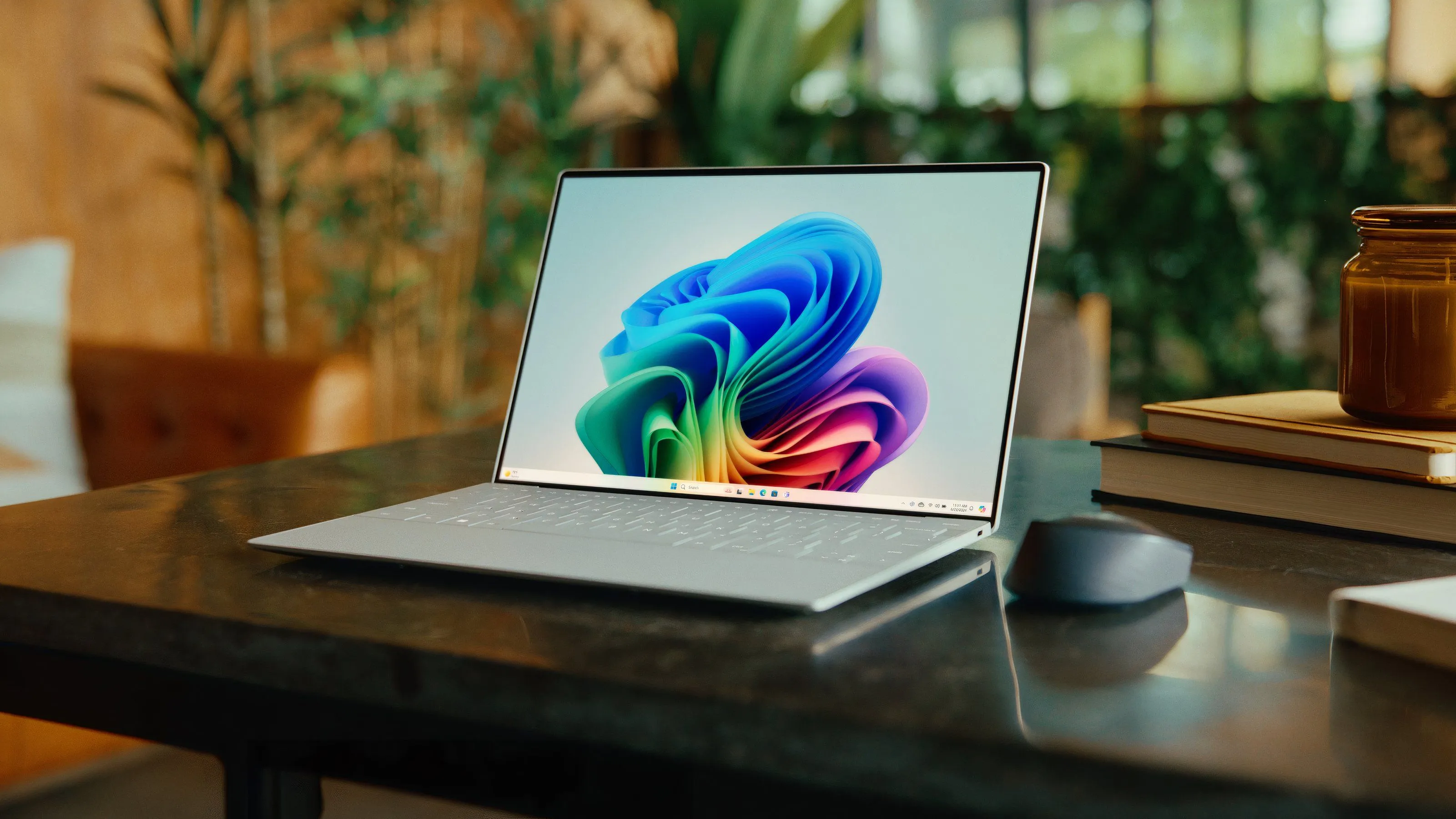 Máy tính xách tay Dell XPS 13 màu bạc đặt trên bàn làm việc, thể hiện thiết kế mỏng nhẹ và hiện đại của dòng máy tích hợp CPU Snapdragon X Elite, phục vụ đa nhiệm và giải trí.
