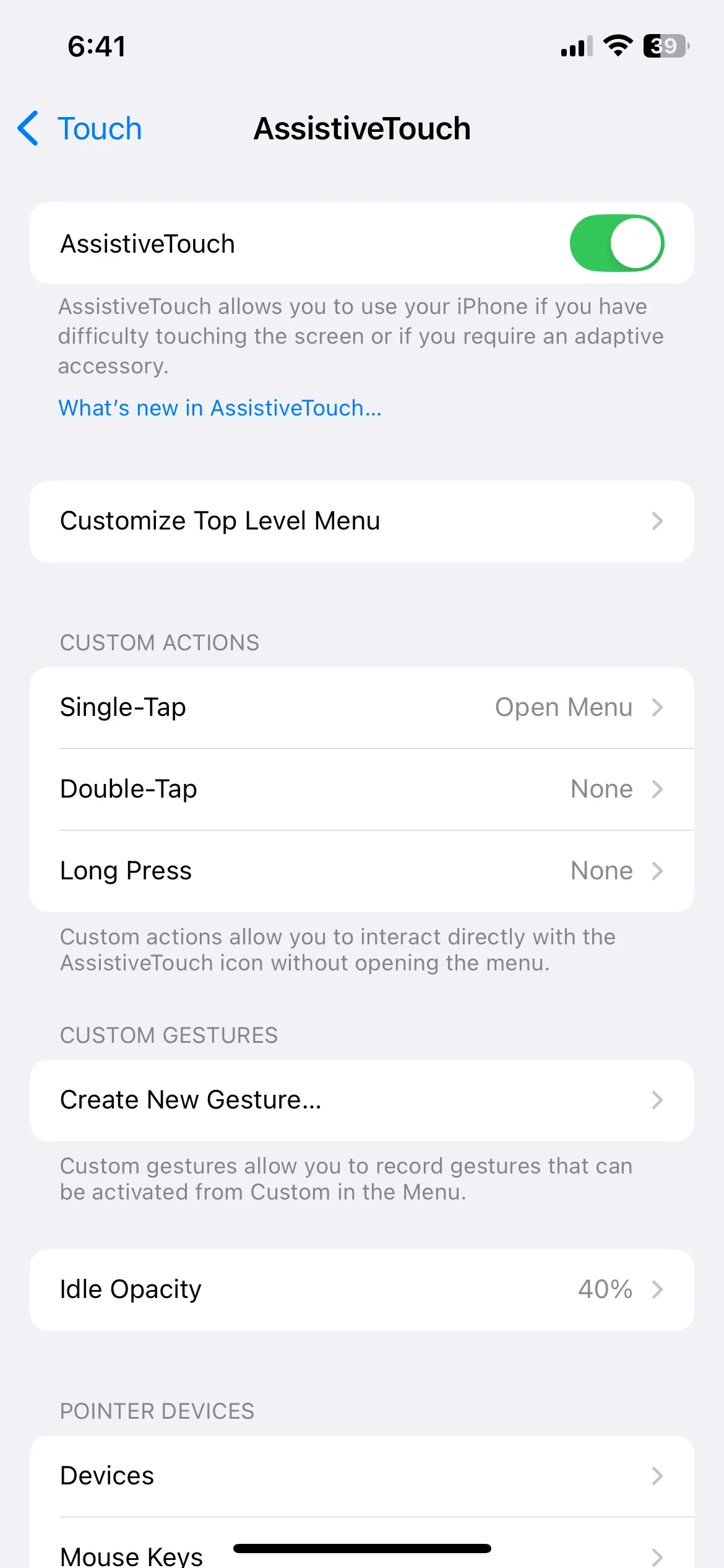 Menu cài đặt AssistiveTouch trên iPhone