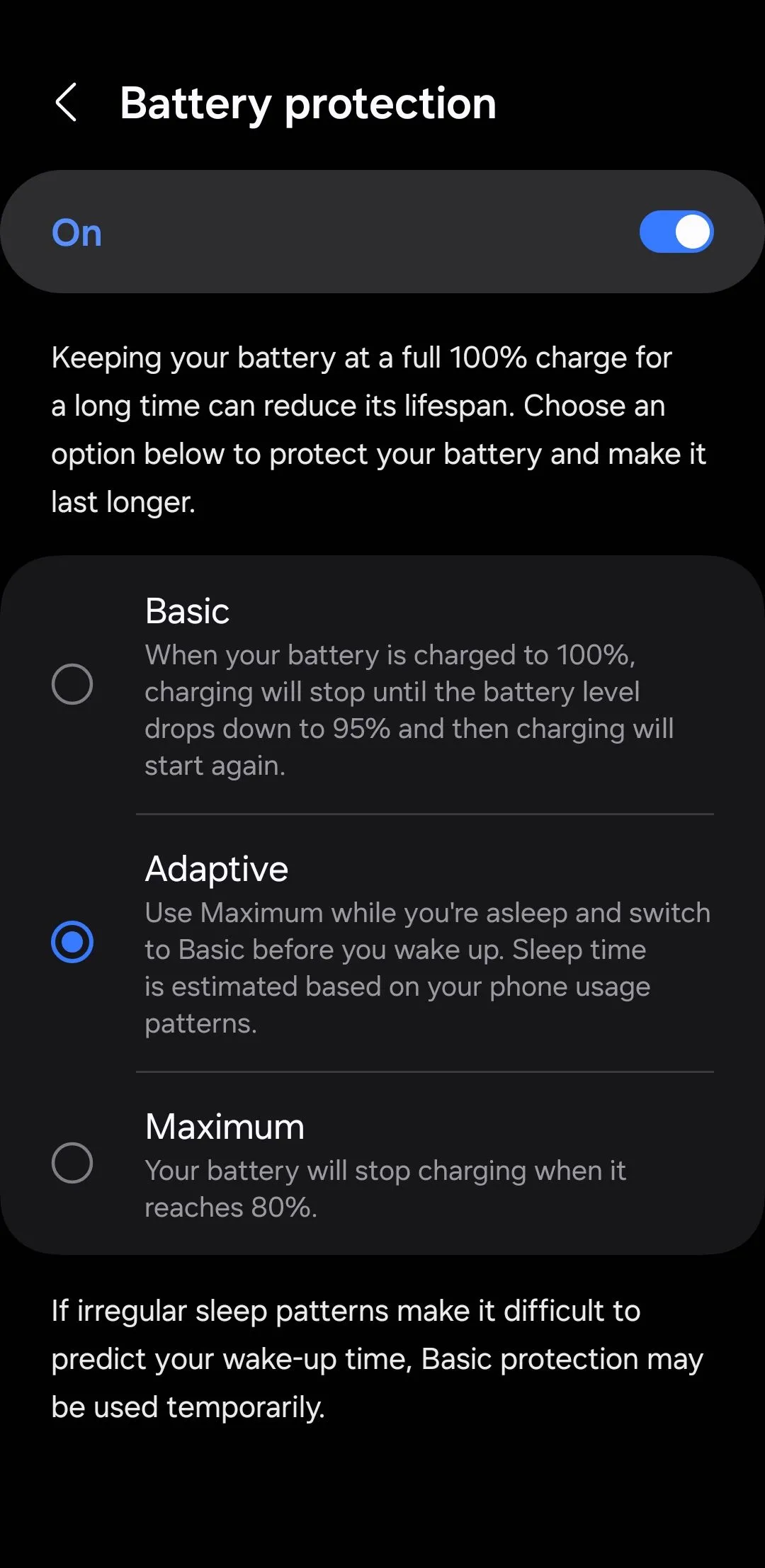 Menu cài đặt bảo vệ pin trên Android với tùy chọn giới hạn sạc để kéo dài tuổi thọ pin