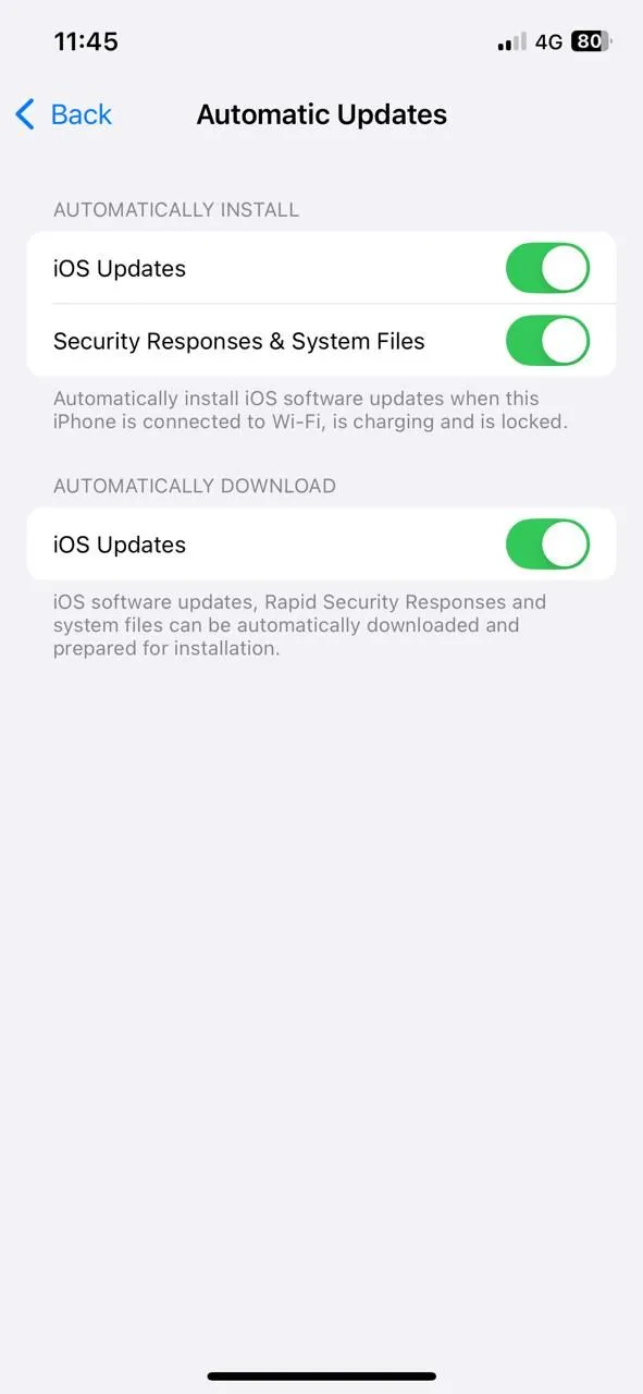 Menu cài đặt Cập nhật phần mềm tự động trên iPhone, giúp duy trì bảo mật thiết bị.