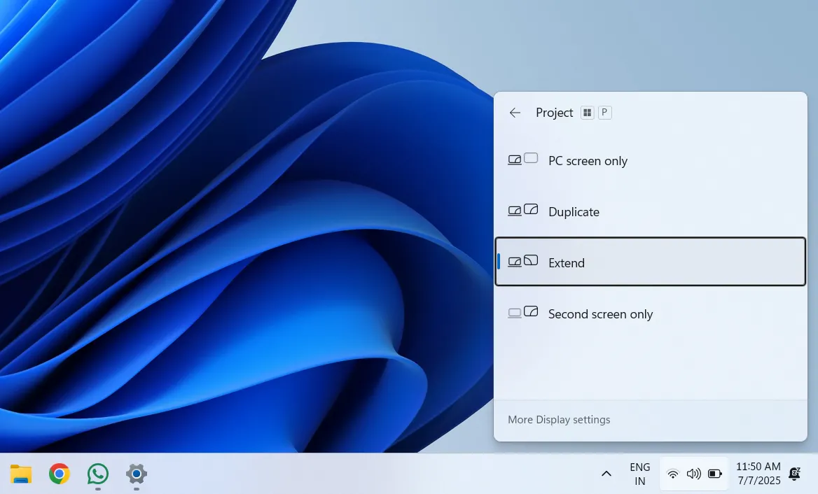 Menu cài đặt chiếu màn hình trên Windows 11