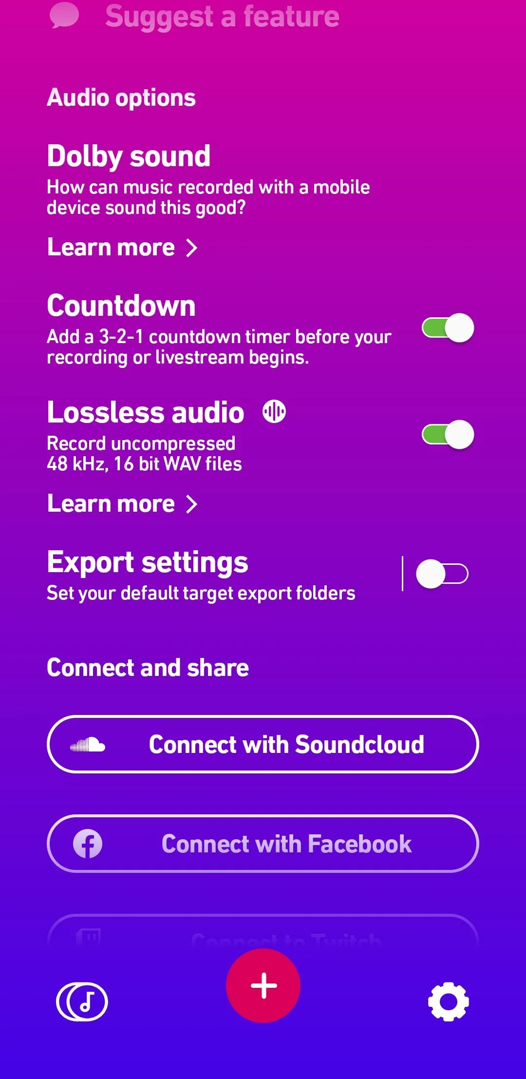 Menu cài đặt của ứng dụng Dolby On trên Android với tùy chọn kích hoạt tính năng hẹn giờ đếm ngược khi ghi âm.