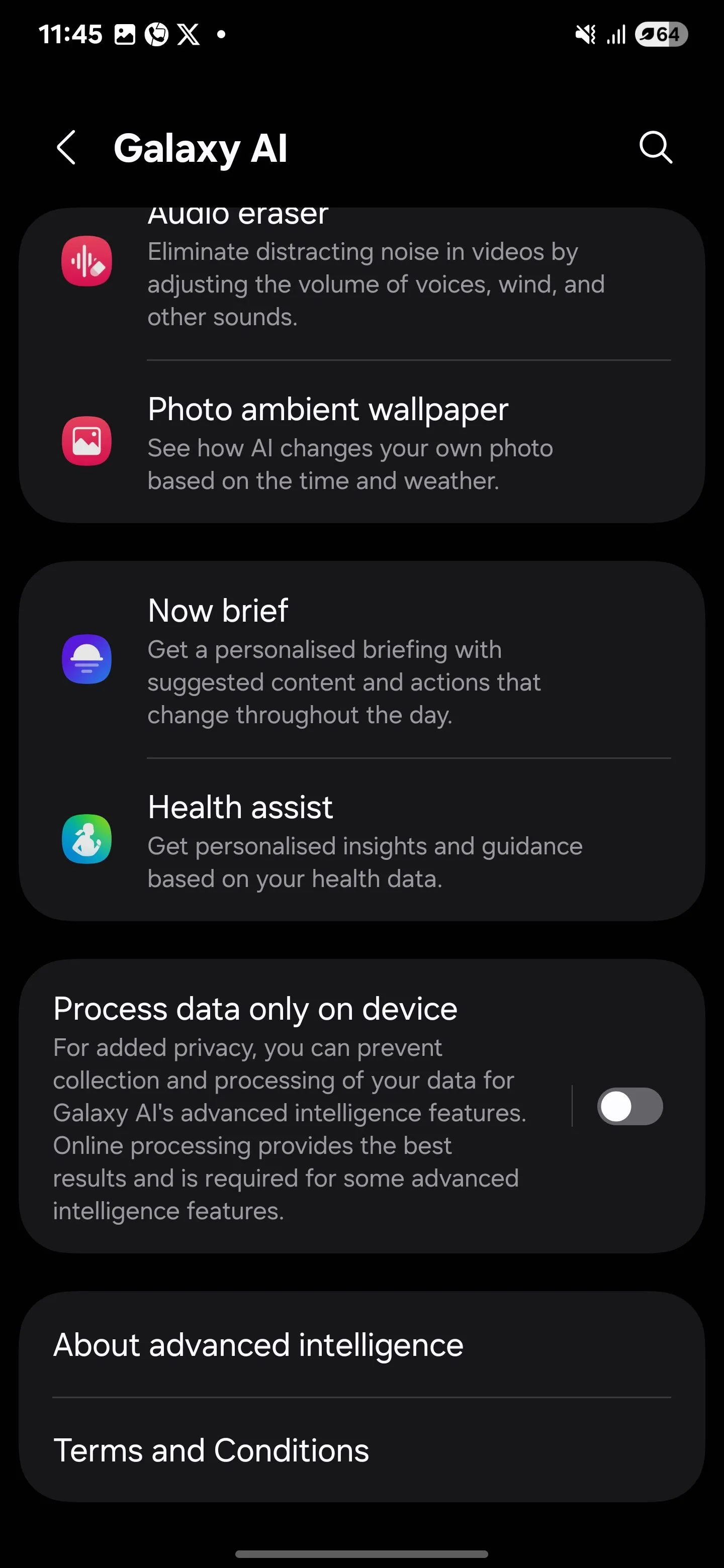 Menu cài đặt Galaxy AI trong ứng dụng Cài đặt của Samsung