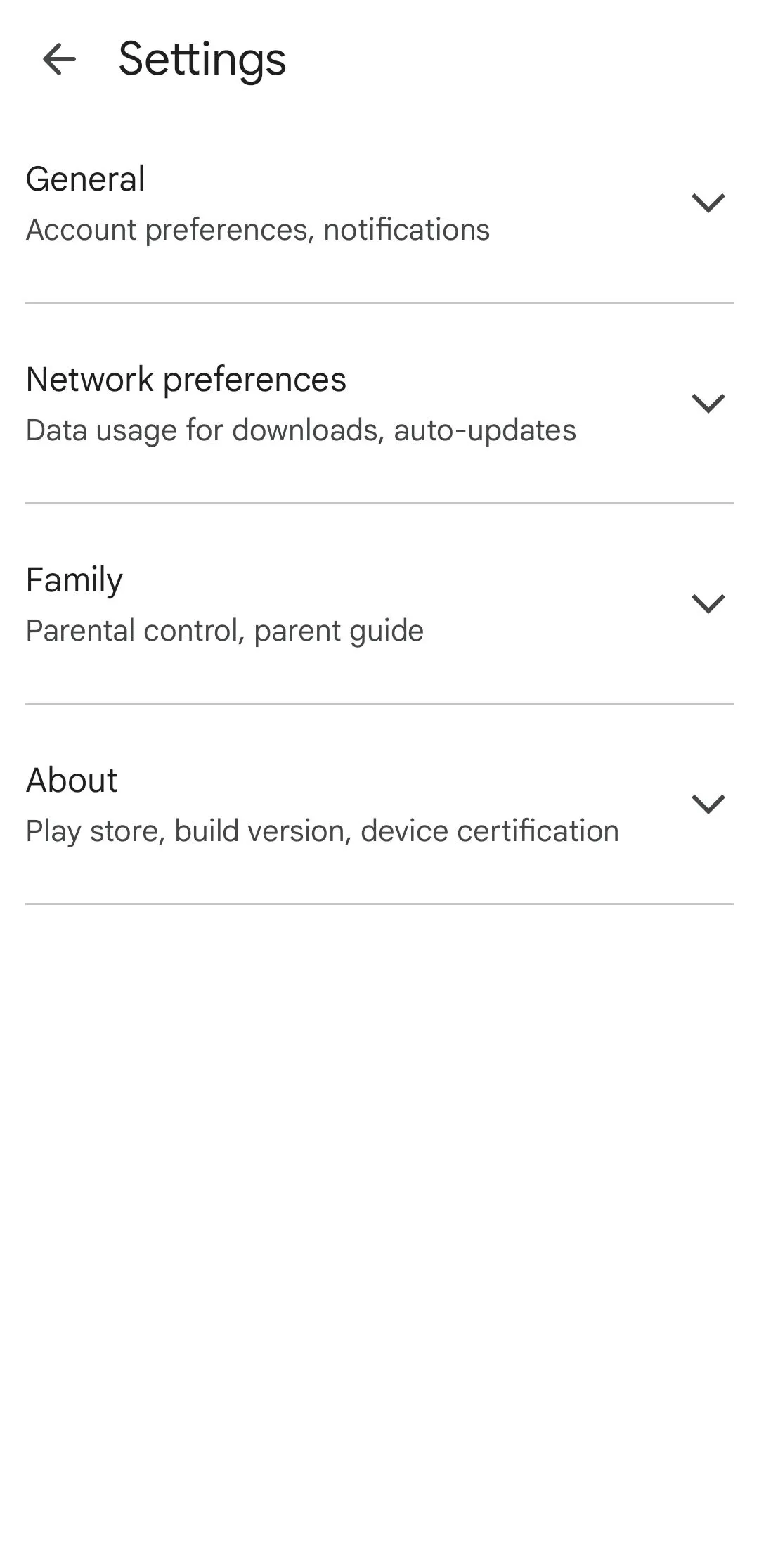Menu cài đặt Google Play Store trên Android