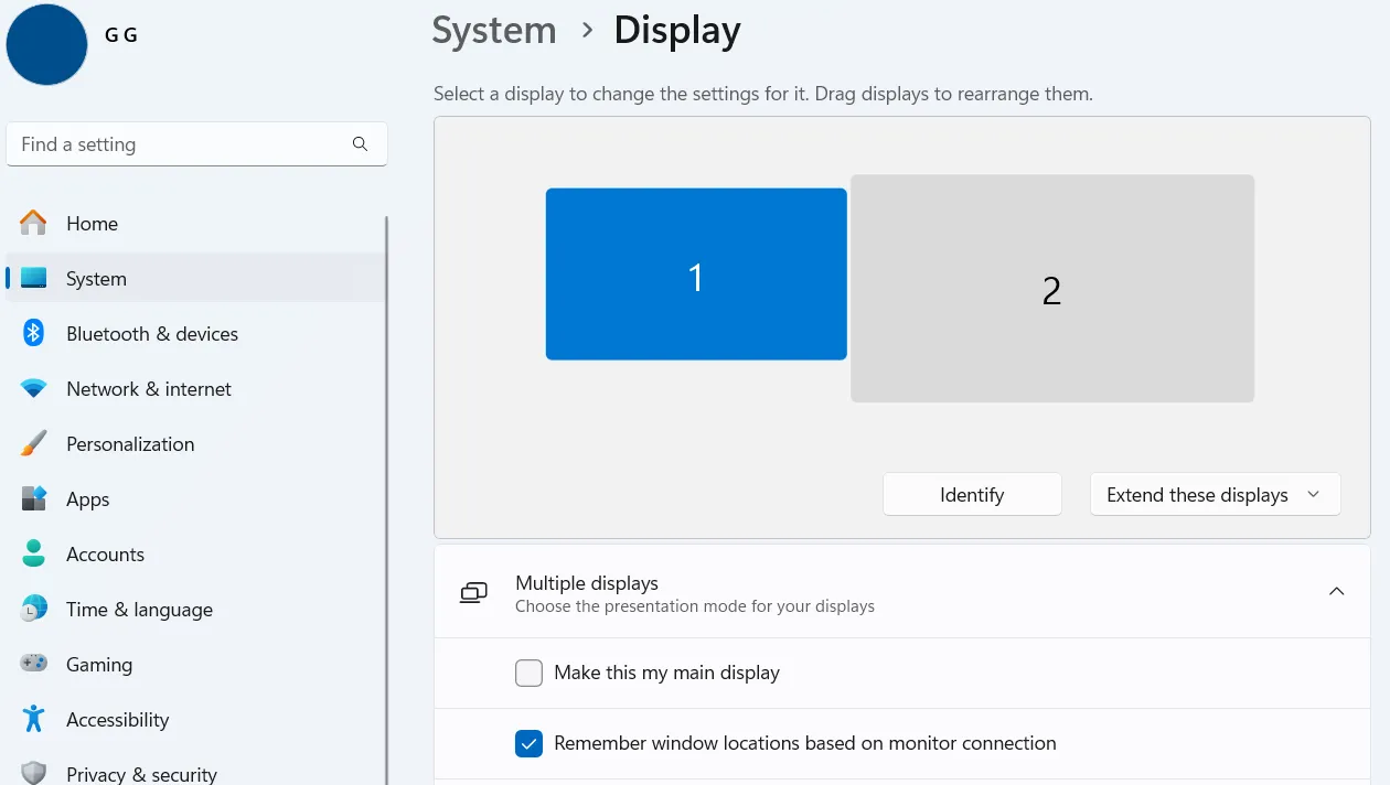 Menu cài đặt hiển thị trên Windows 11