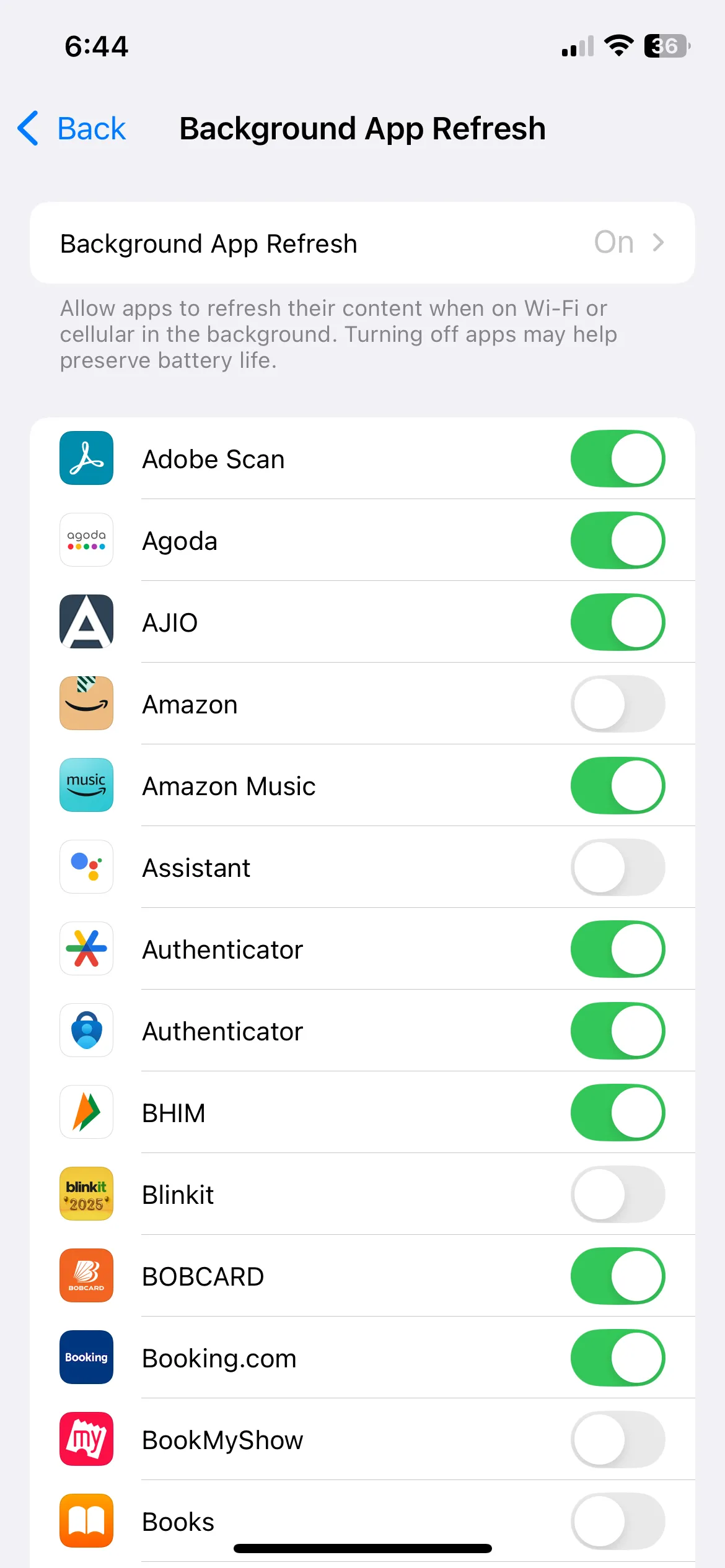 Menu cài đặt làm mới ứng dụng nền trên iPhone