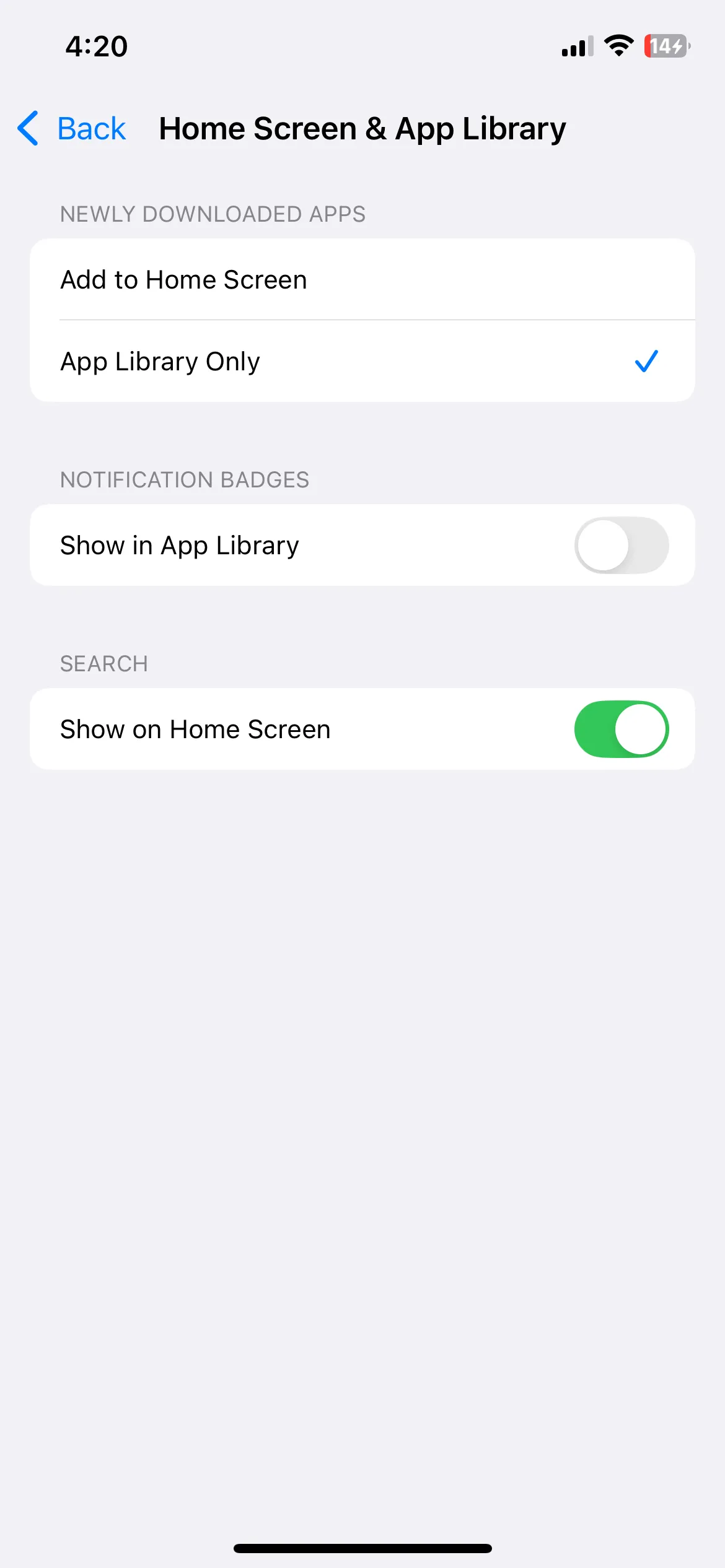 Menu cài đặt Màn hình chính và Thư viện ứng dụng trên iPhone