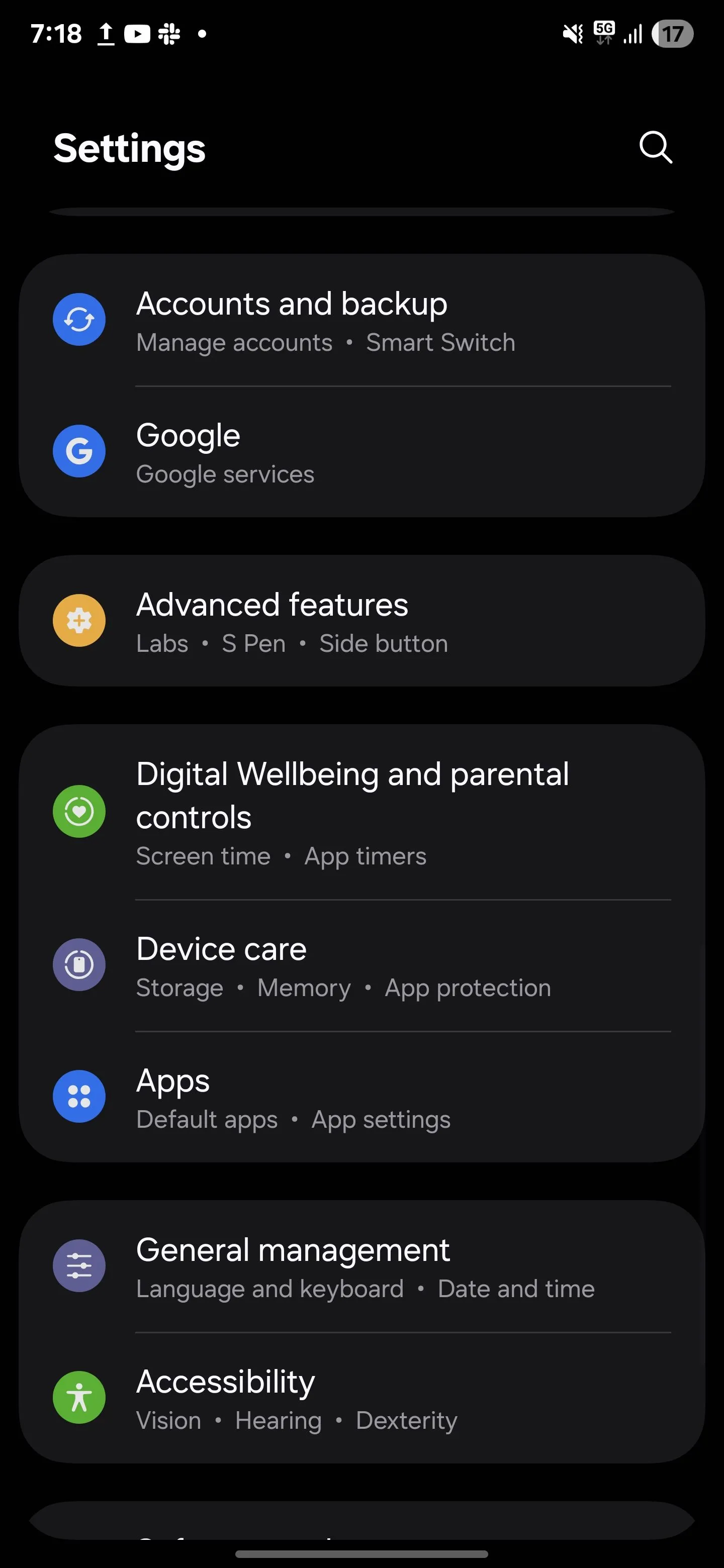 Menu Cài đặt nâng cao của Samsung, chứa tùy chọn cử chỉ và chuyển động