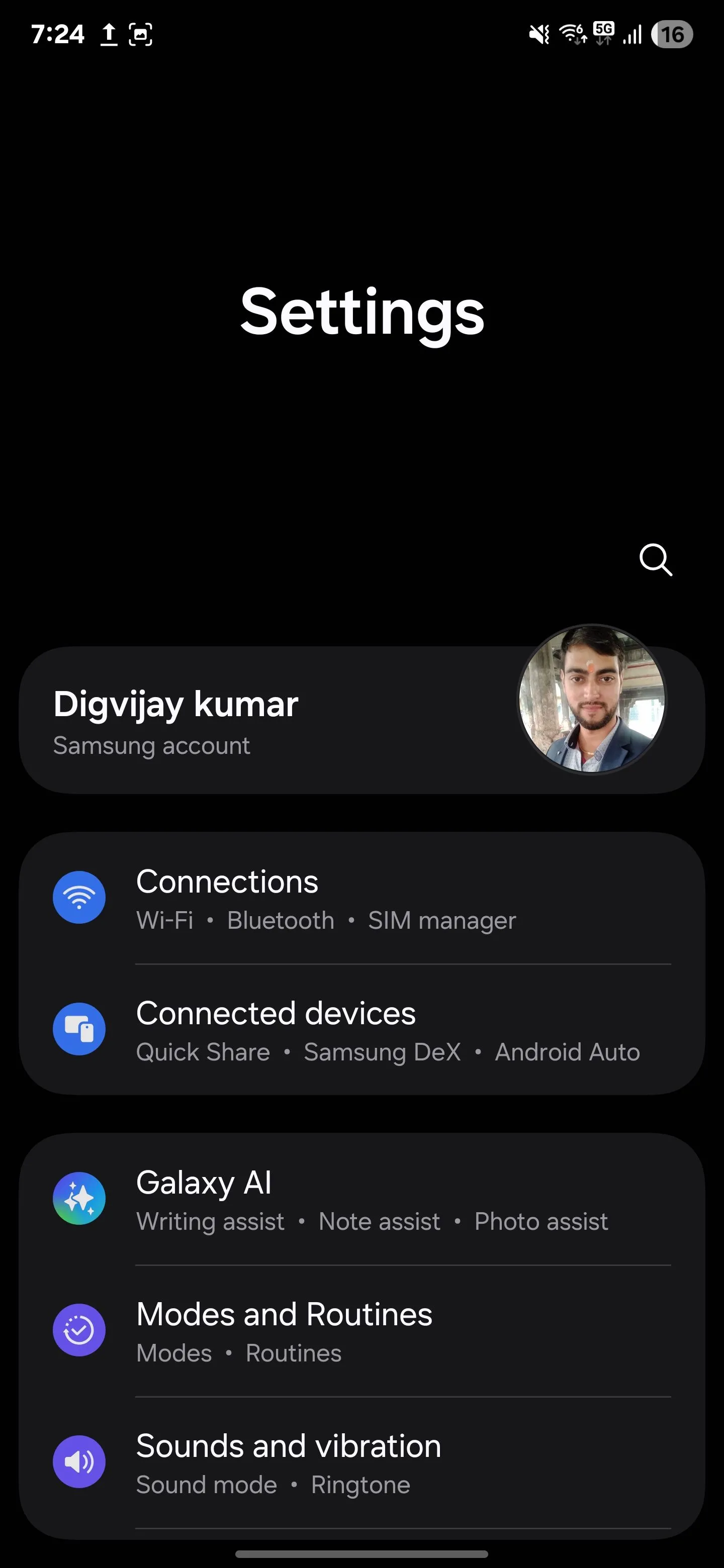 Menu Cài đặt (Settings) tổng quan của điện thoại Samsung