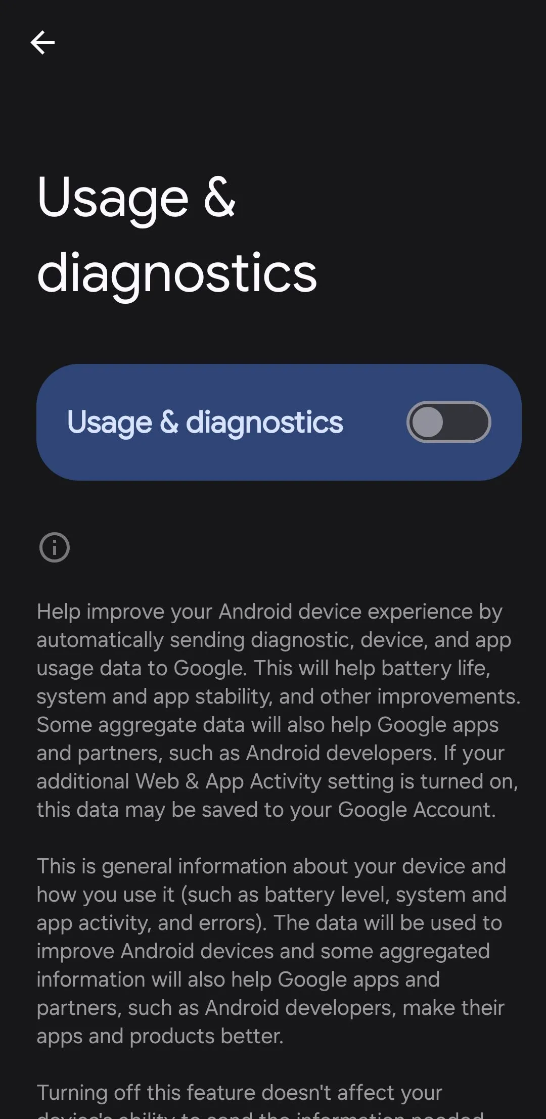 Menu cài đặt 'Sử dụng và chẩn đoán' trên Android để tắt gửi dữ liệu
