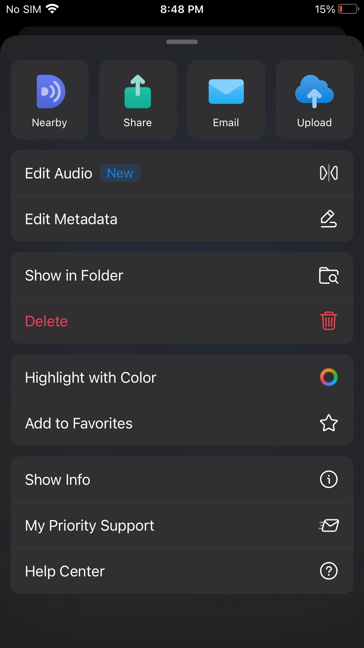 Menu cài đặt trình phát âm thanh trong ứng dụng Documents by Readdle trên iPhone, cho phép tùy chỉnh chất lượng và tốc độ phát.