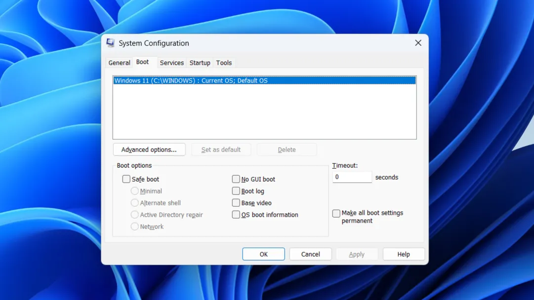 Menu Cấu hình Hệ thống (System Configuration) trong Windows, với các tab Boot, Services và Tools