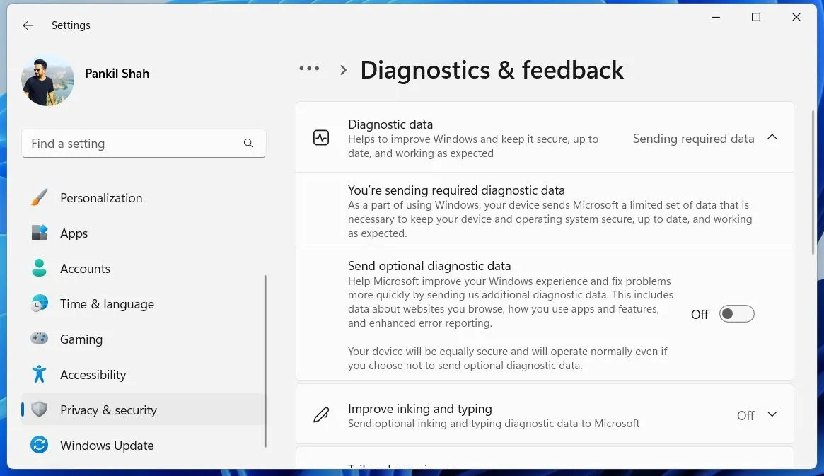 Menu chẩn đoán trong cài đặt Windows 11