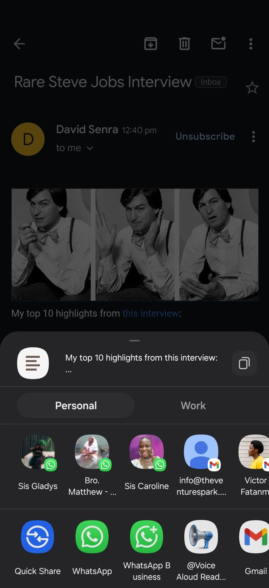 Menu chia sẻ văn bản trên thiết bị Samsung Galaxy tới @Voice Aloud Reader.