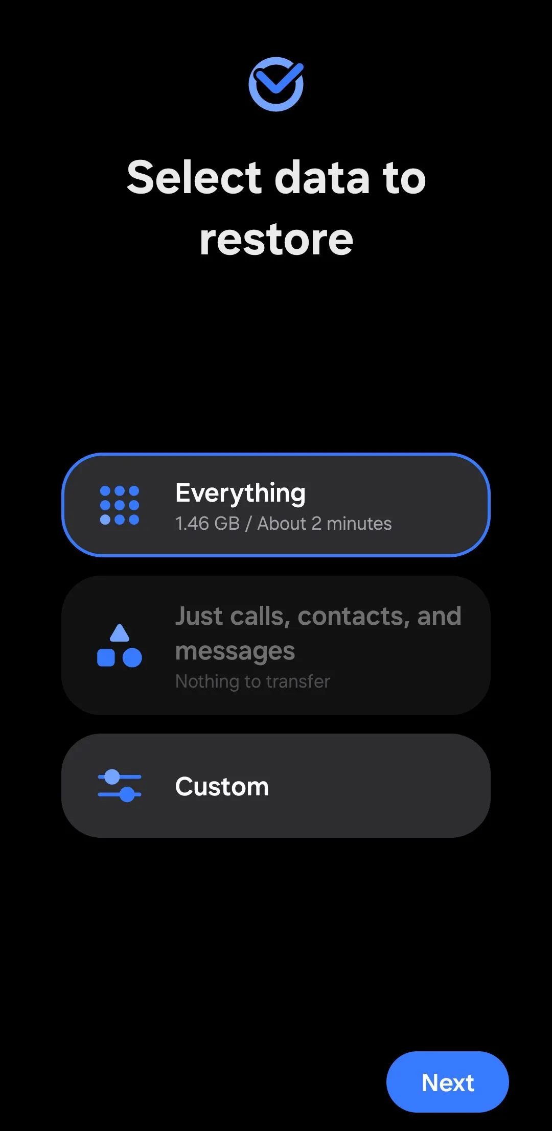 Menu chọn dữ liệu để khôi phục trên điện thoại Samsung