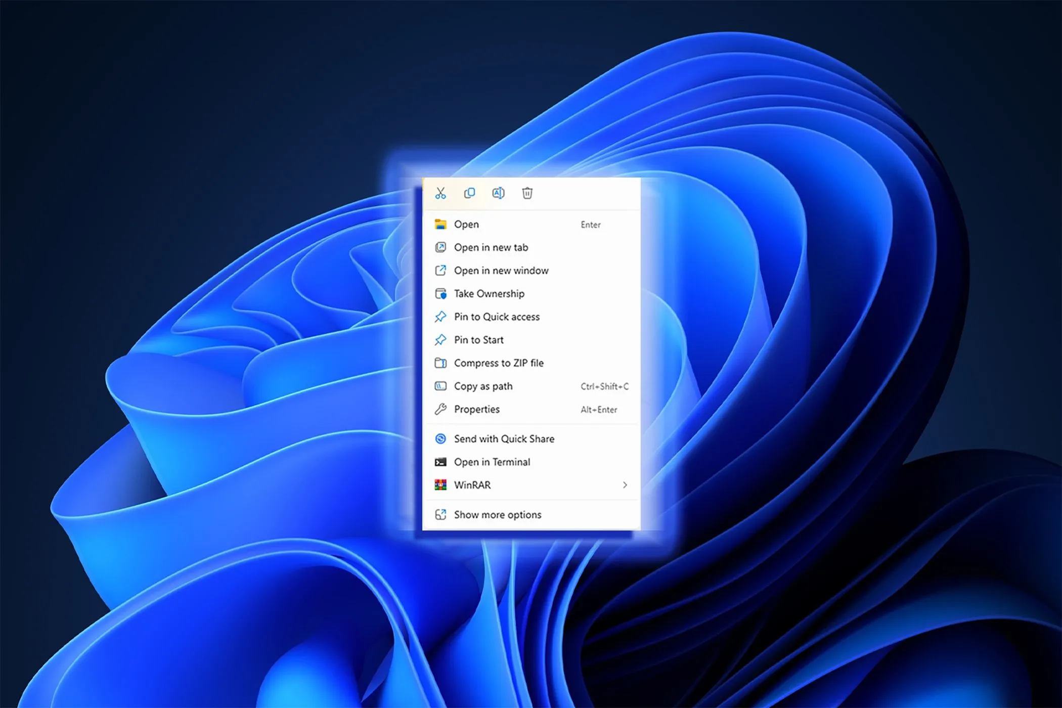 Menu chuột phải mặc định của Windows 11 trên nền xanh