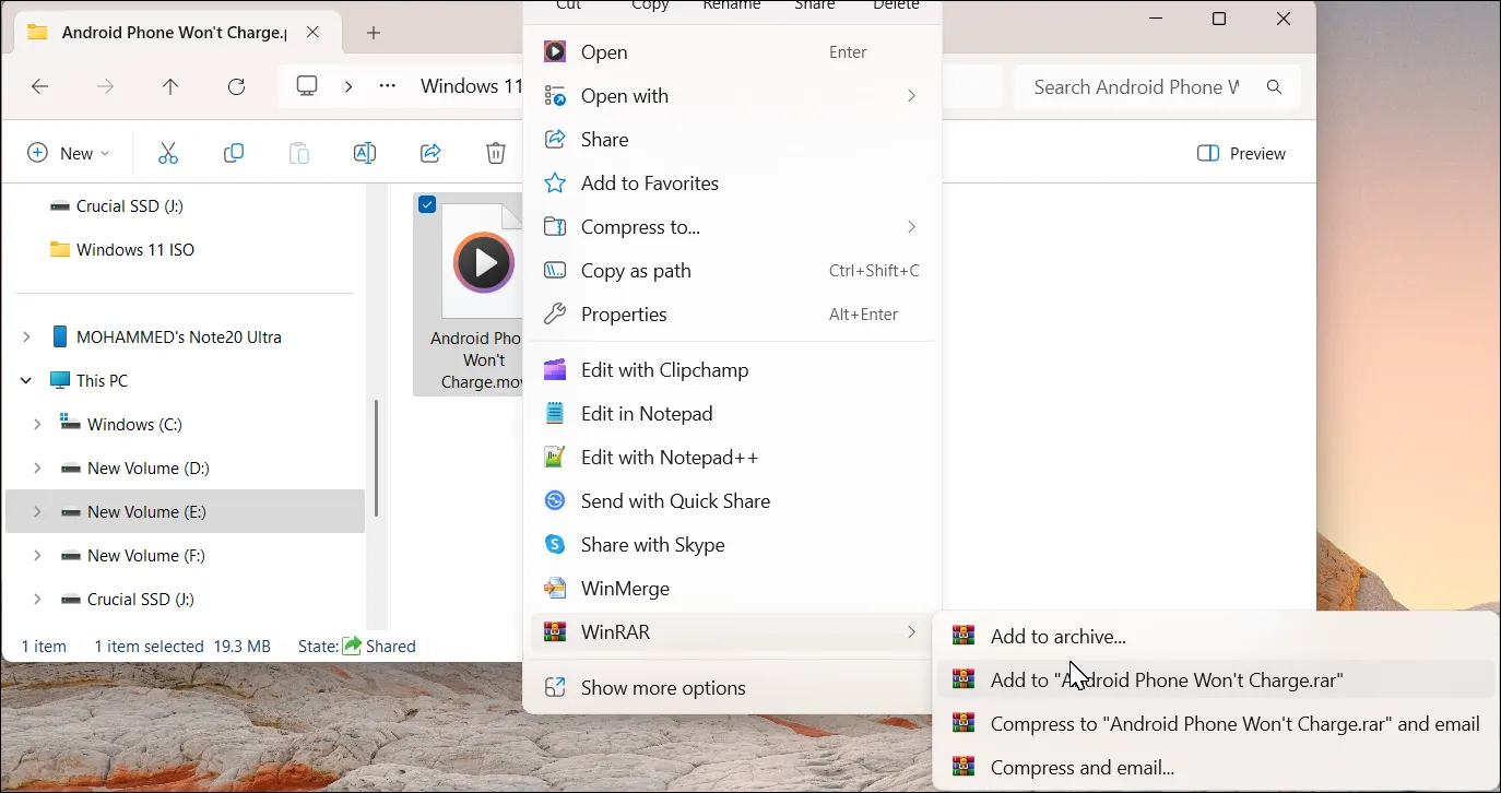 Menu chuột phải trong File Explorer hiển thị tùy chọn 'Thêm vào kho lưu trữ' của WinRAR