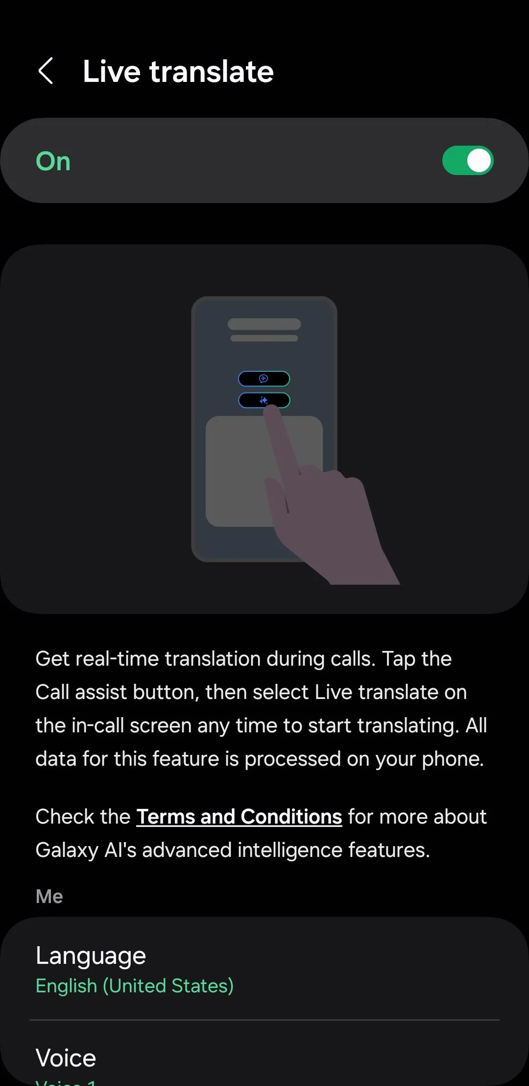 Menu dịch trực tiếp trong ứng dụng Samsung Phone