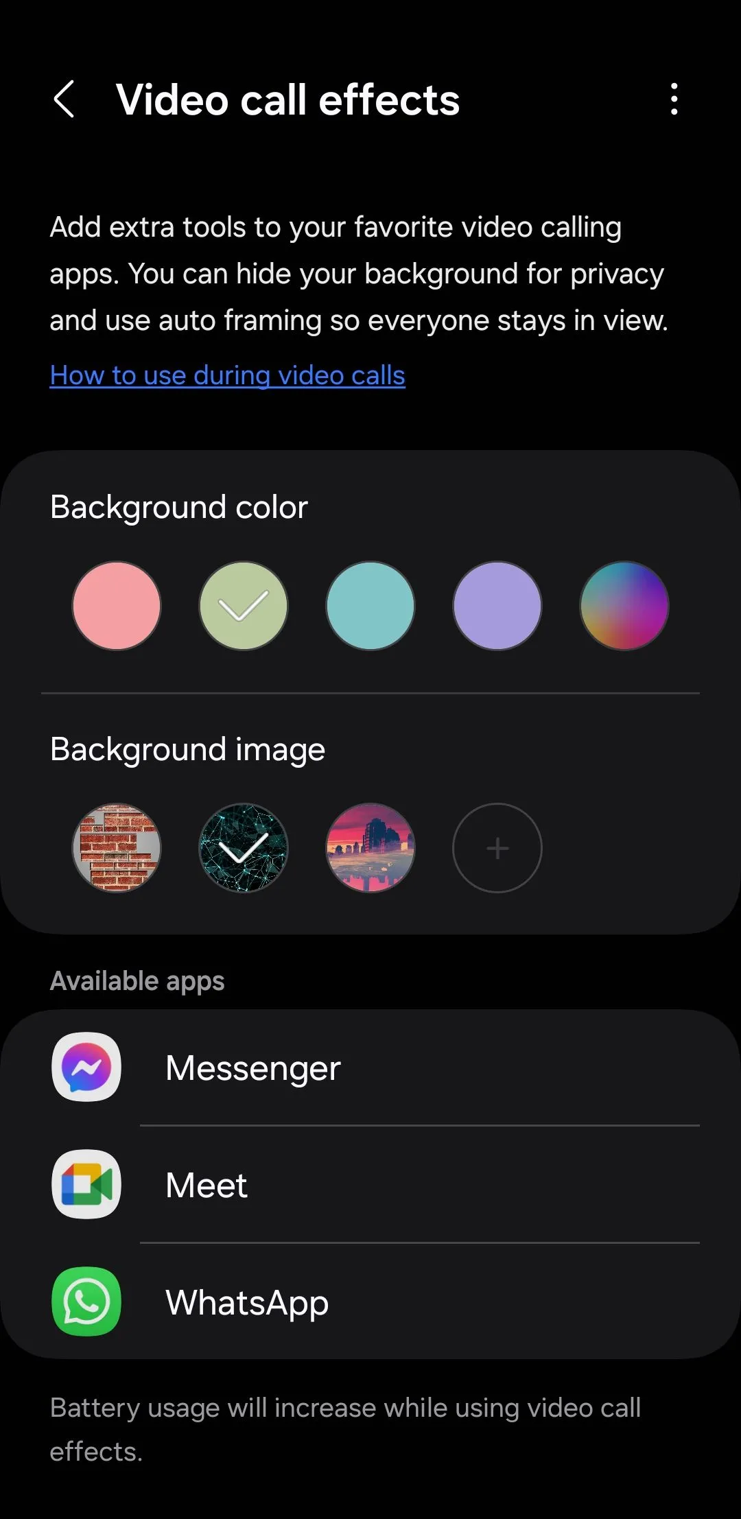 Menu hiệu ứng cuộc gọi video trên Samsung Galaxy với các tùy chọn thay đổi nền và tự động lấy nét
