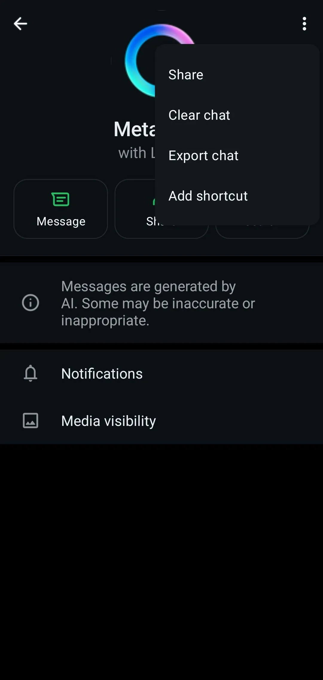 Menu hồ sơ Meta AI trong WhatsApp