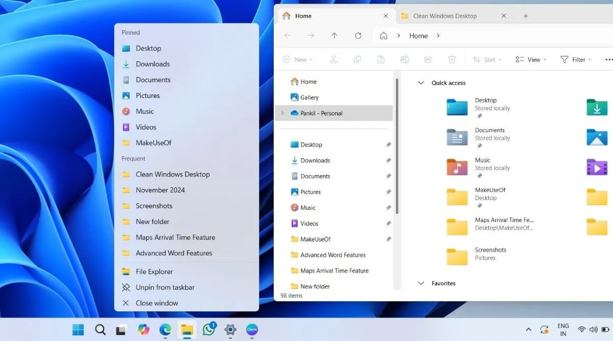 Menu Jump List trên Taskbar hiển thị các thư mục đã ghim vào Quick Access trong File Explorer trên màn hình Windows