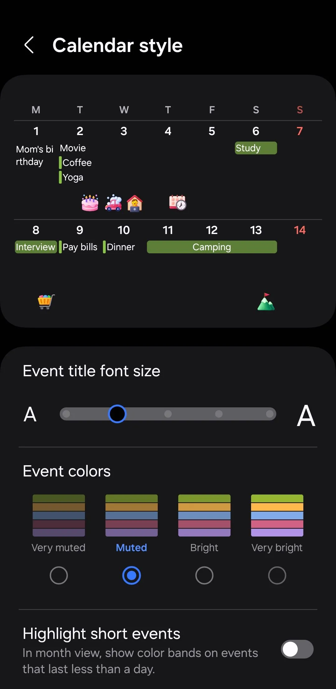 Menu kiểu lịch trong ứng dụng Samsung Calendar