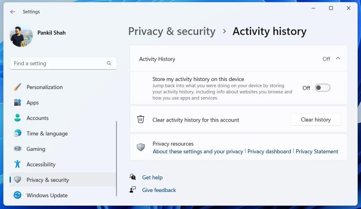 Menu lịch sử hoạt động trong cài đặt Windows 11