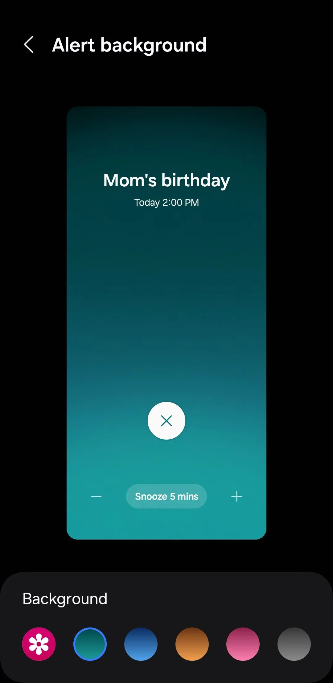 Menu nền cảnh báo trong ứng dụng Samsung Calendar