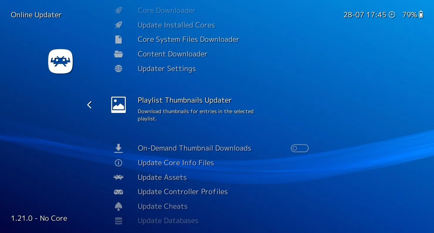 Menu Online Updater của RetroArch với tùy chọn tải hình thu nhỏ cho game