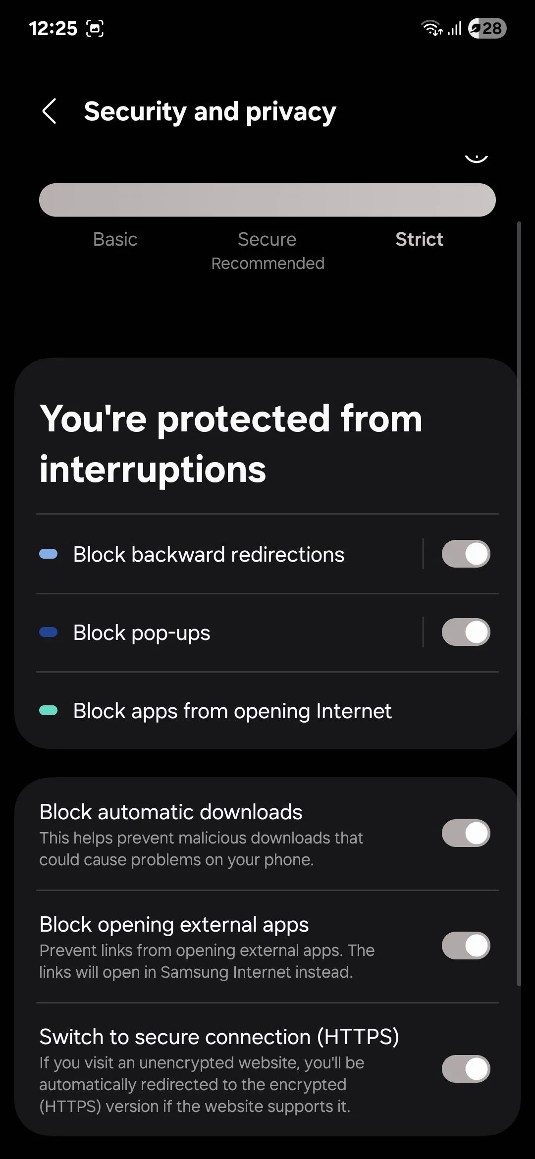 Menu quyền riêng tư của Samsung Internet với chế độ bí mật Secret Mode
