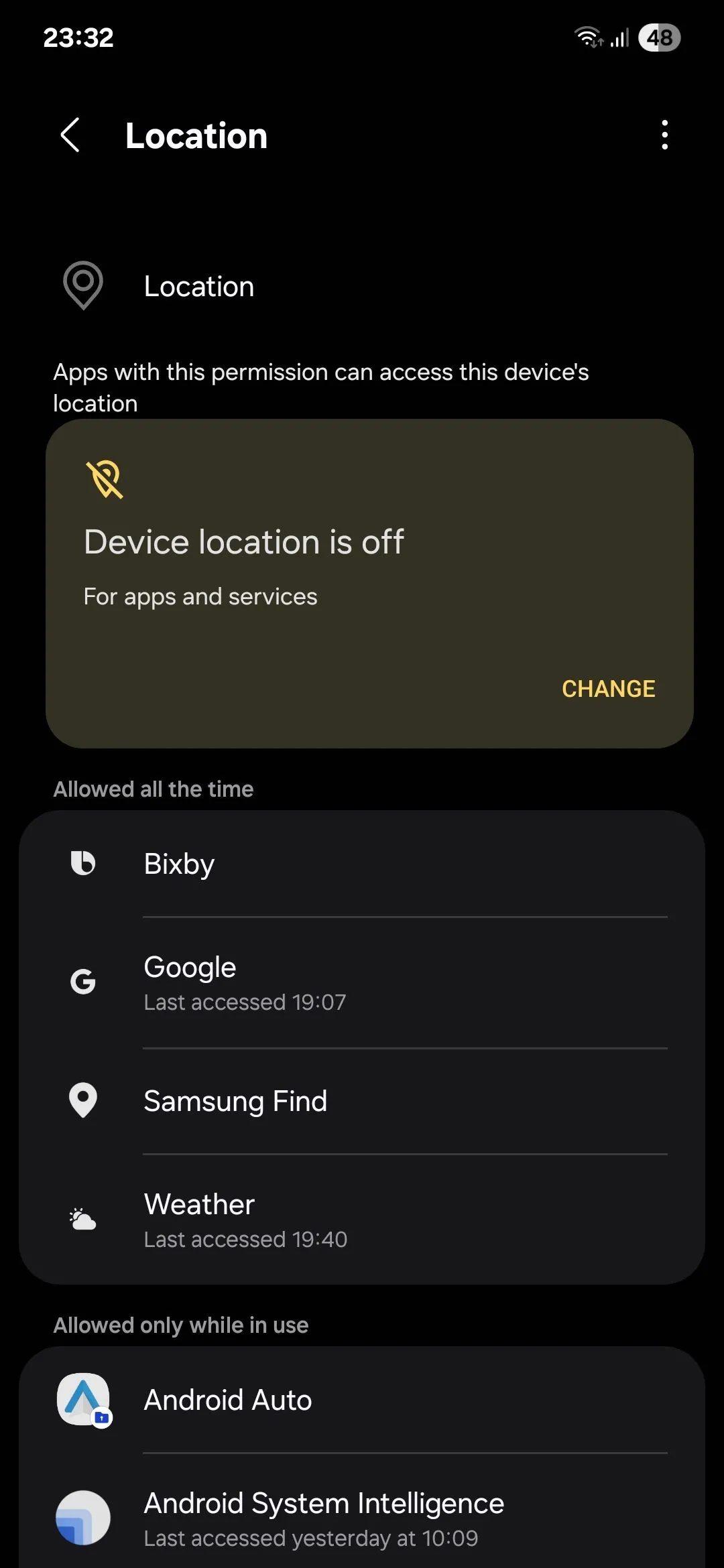 Menu Quyền truy cập vị trí trên điện thoại Samsung