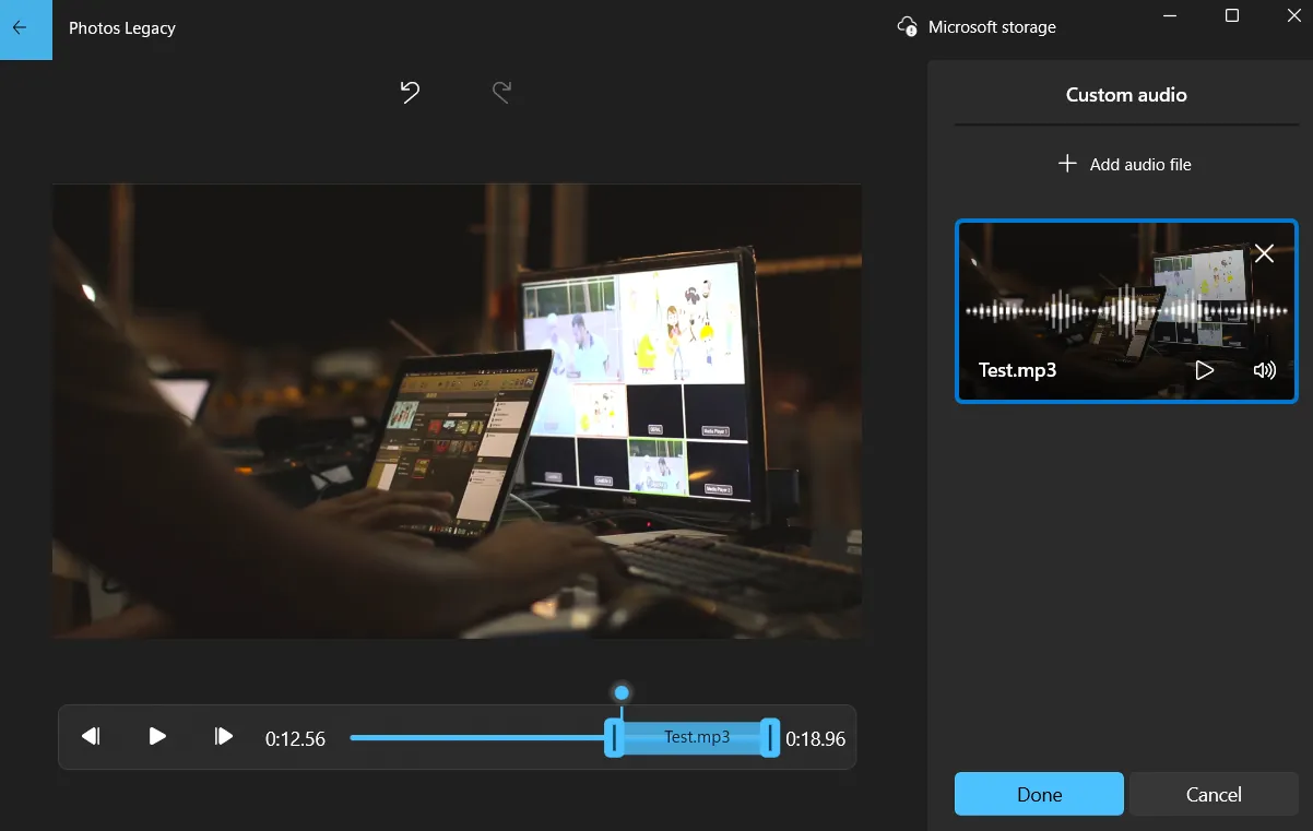 Menu thêm âm thanh tùy chỉnh vào video trong Photos Legacy