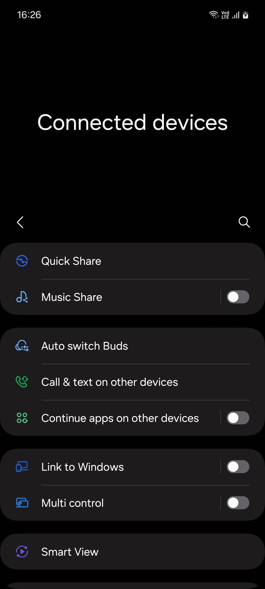 Menu Thiết bị đã kết nối trên Samsung One UI 6.1, hiển thị tùy chọn Tiếp tục ứng dụng trên các thiết bị khác