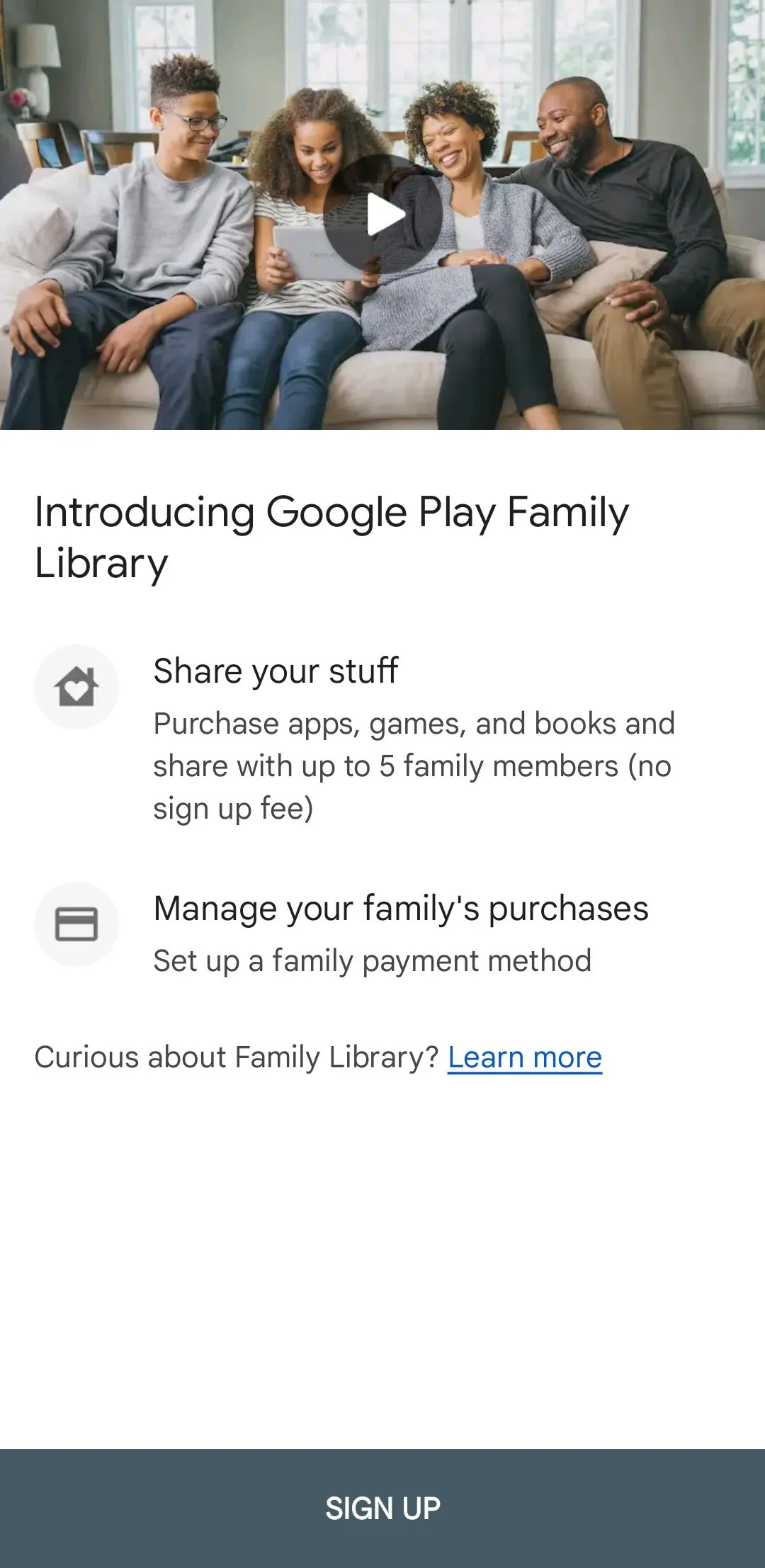 Menu thiết lập Thư viện Gia đình trên Google Play Store