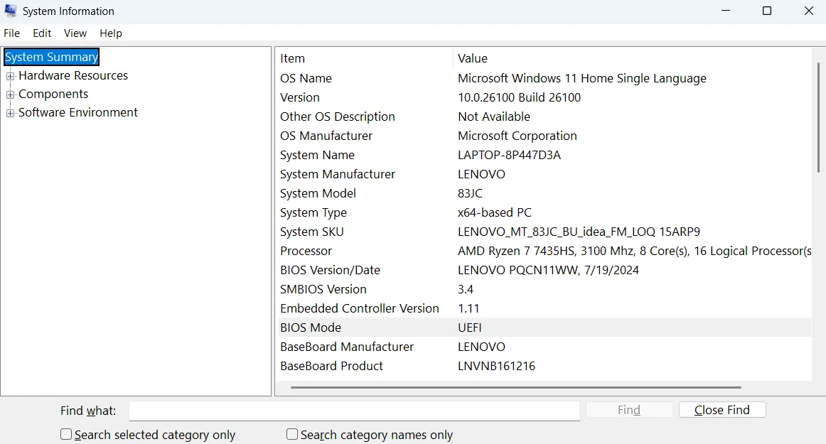 Menu thông tin hệ thống trong Windows hiển thị chi tiết cấu hình phần cứng và phần mềm của máy tính