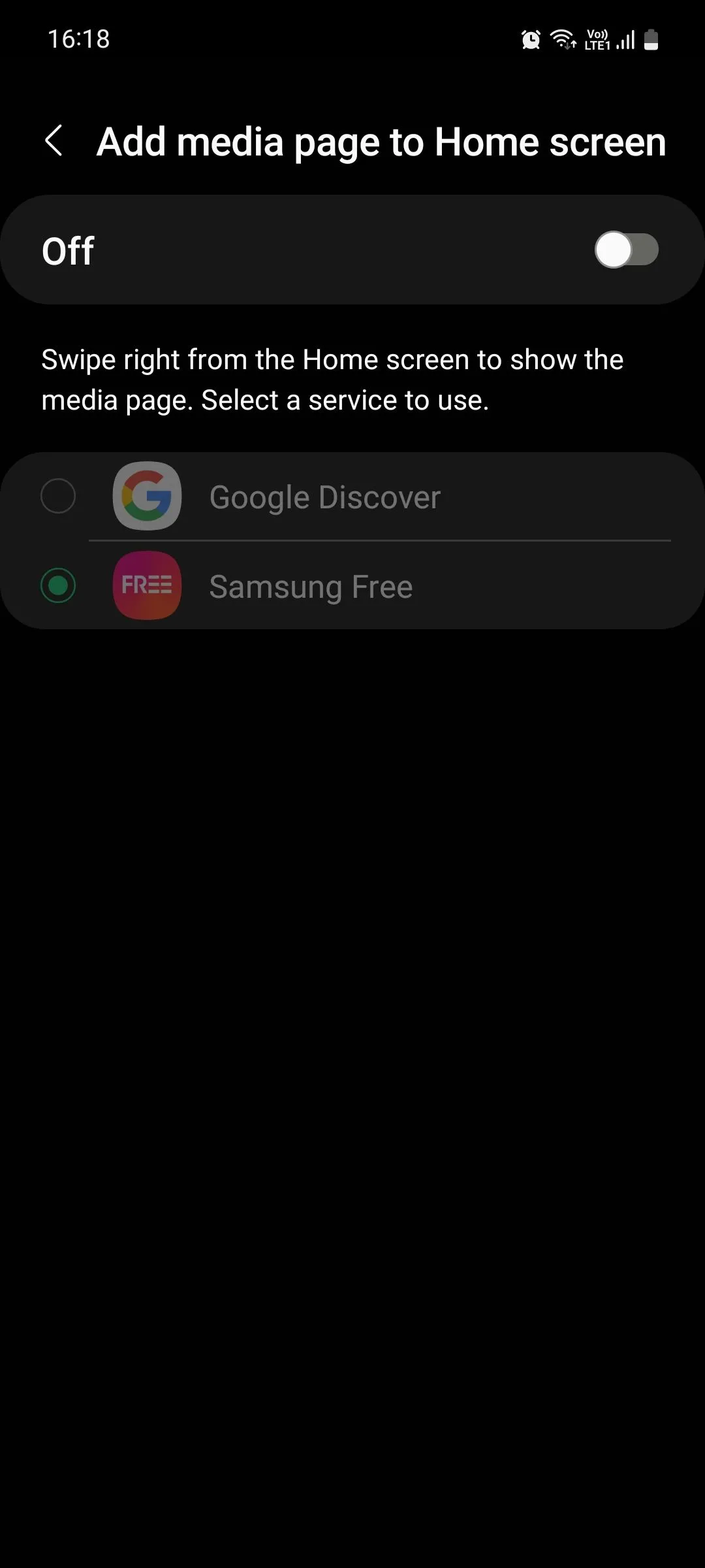 Menu trang phương tiện của Samsung, hiển thị tùy chọn thêm/xóa trang phương tiện khỏi màn hình chính