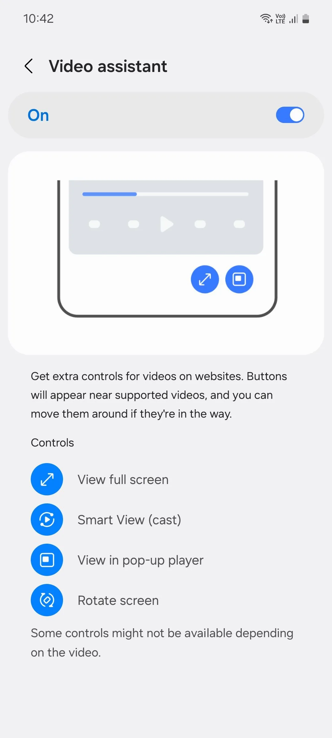 Menu trợ lý video Samsung Internet