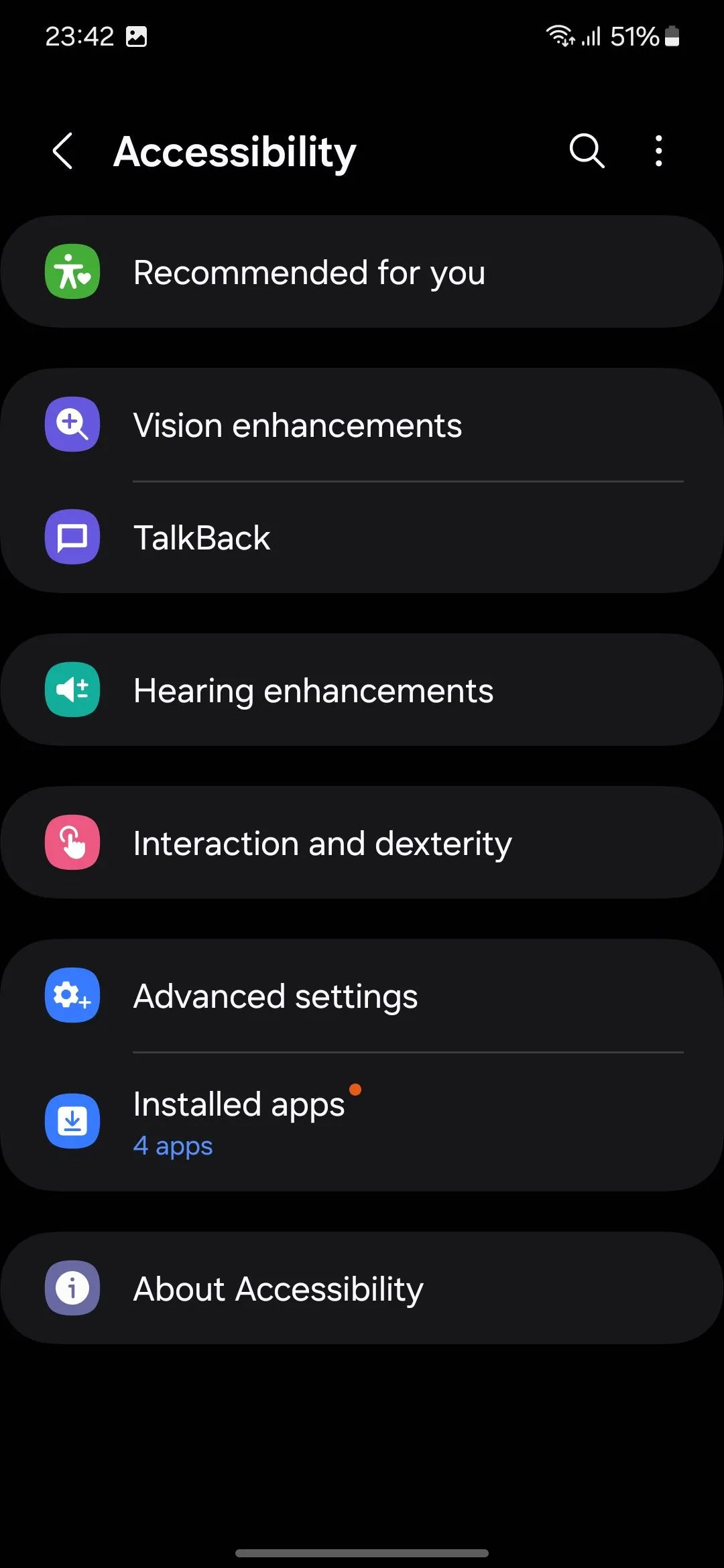 Menu Trợ năng trong cài đặt điện thoại Samsung Galaxy