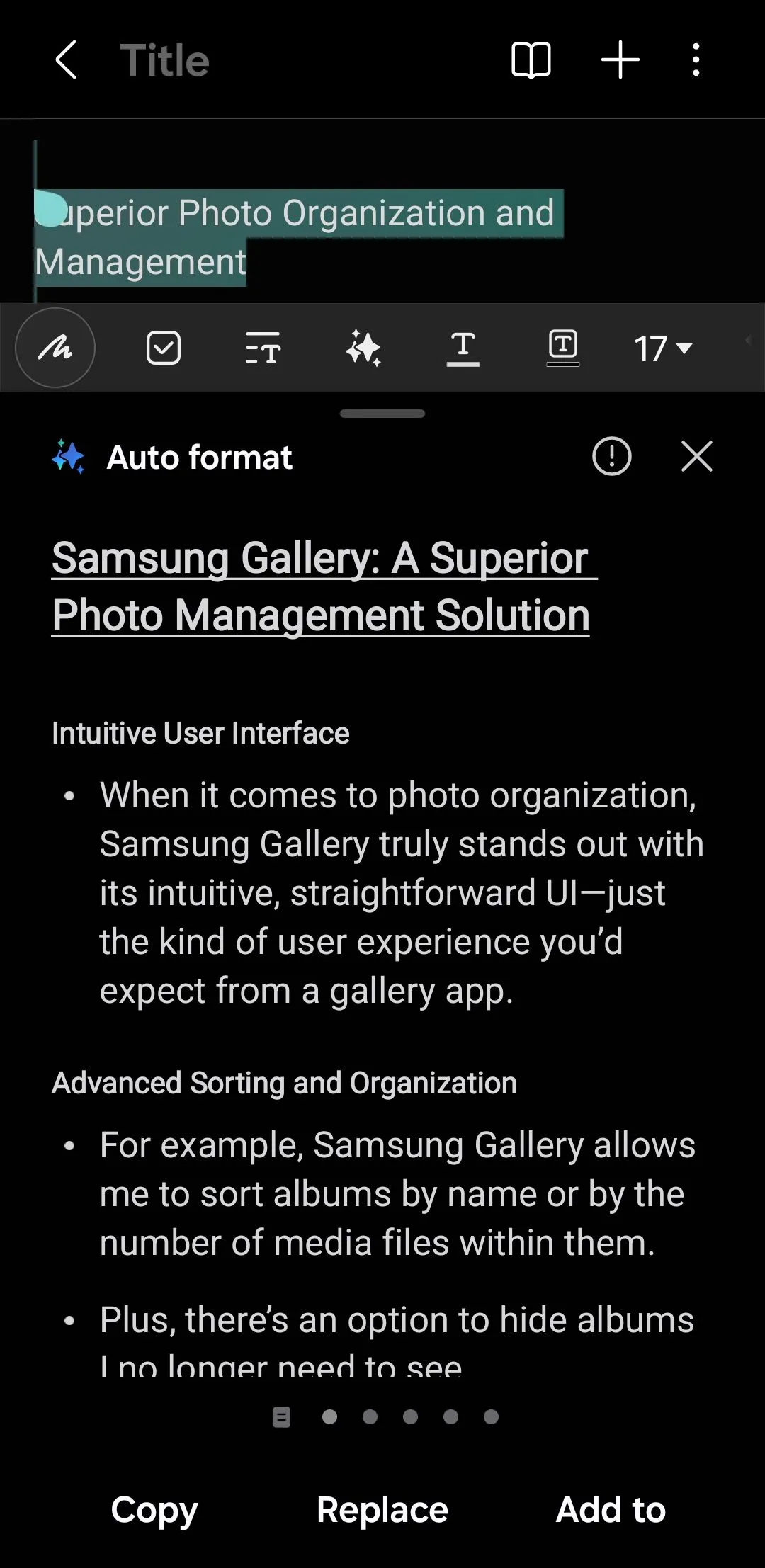 Menu Tự động định dạng trong ứng dụng Samsung Notes