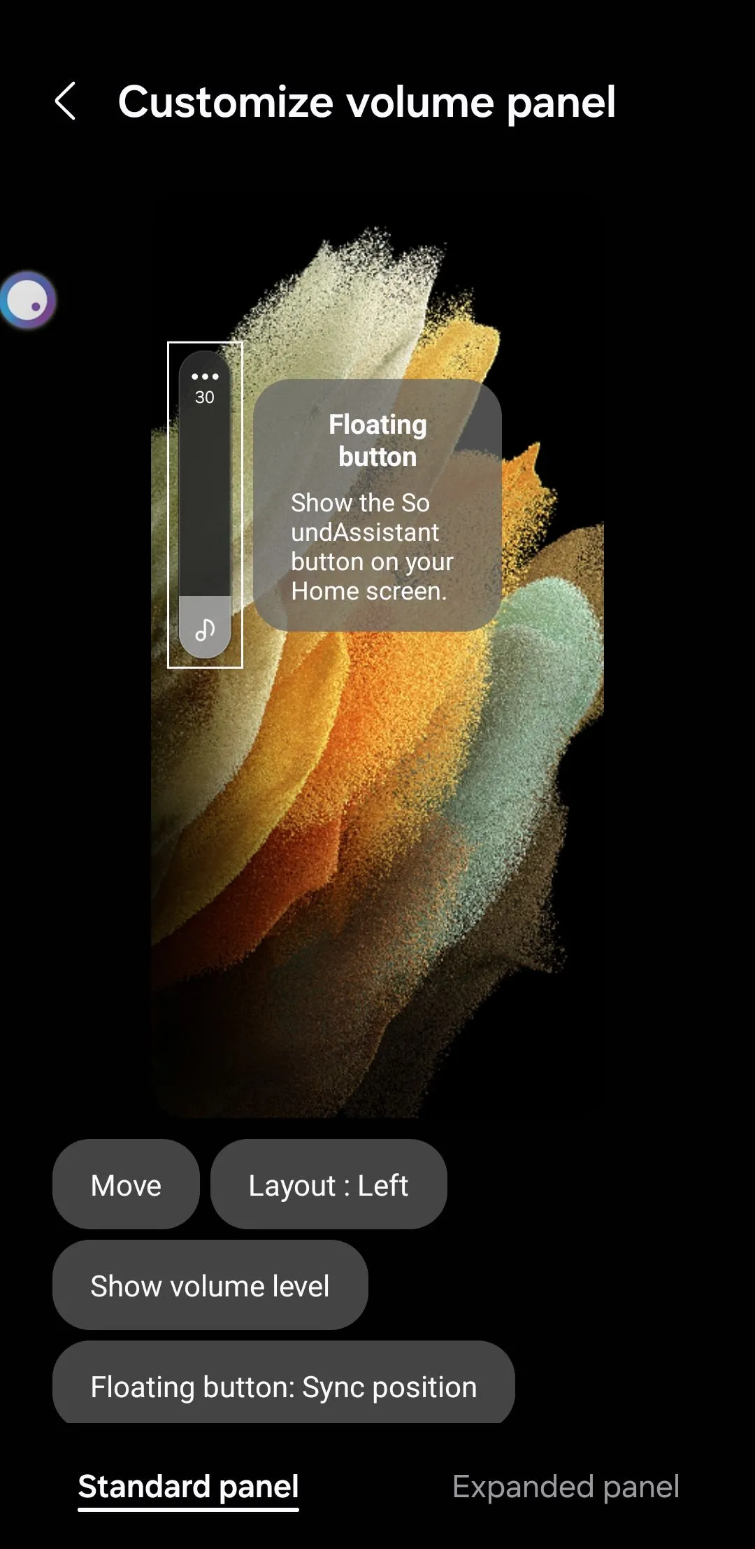 Menu tùy chỉnh bảng âm lượng trong Sound Assistant trên Samsung Galaxy