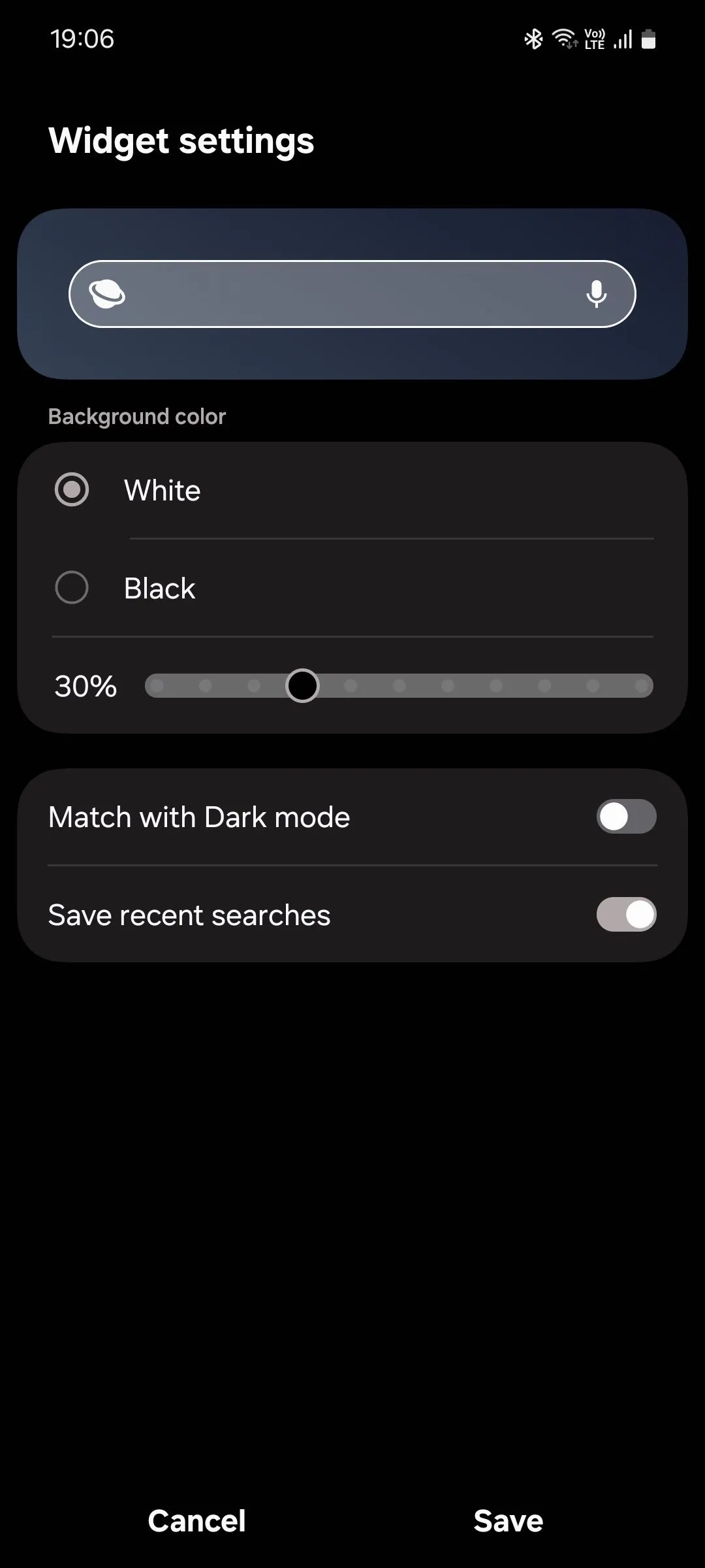 Menu tùy chỉnh widget tìm kiếm Samsung Internet, cho phép thay đổi giao diện và chức năng