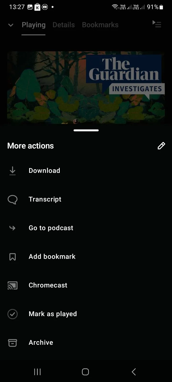 Menu tùy chọn trong ứng dụng Pocket Casts trên điện thoại, bao gồm các lựa chọn chia sẻ, download và truyền phát Chromecast.
