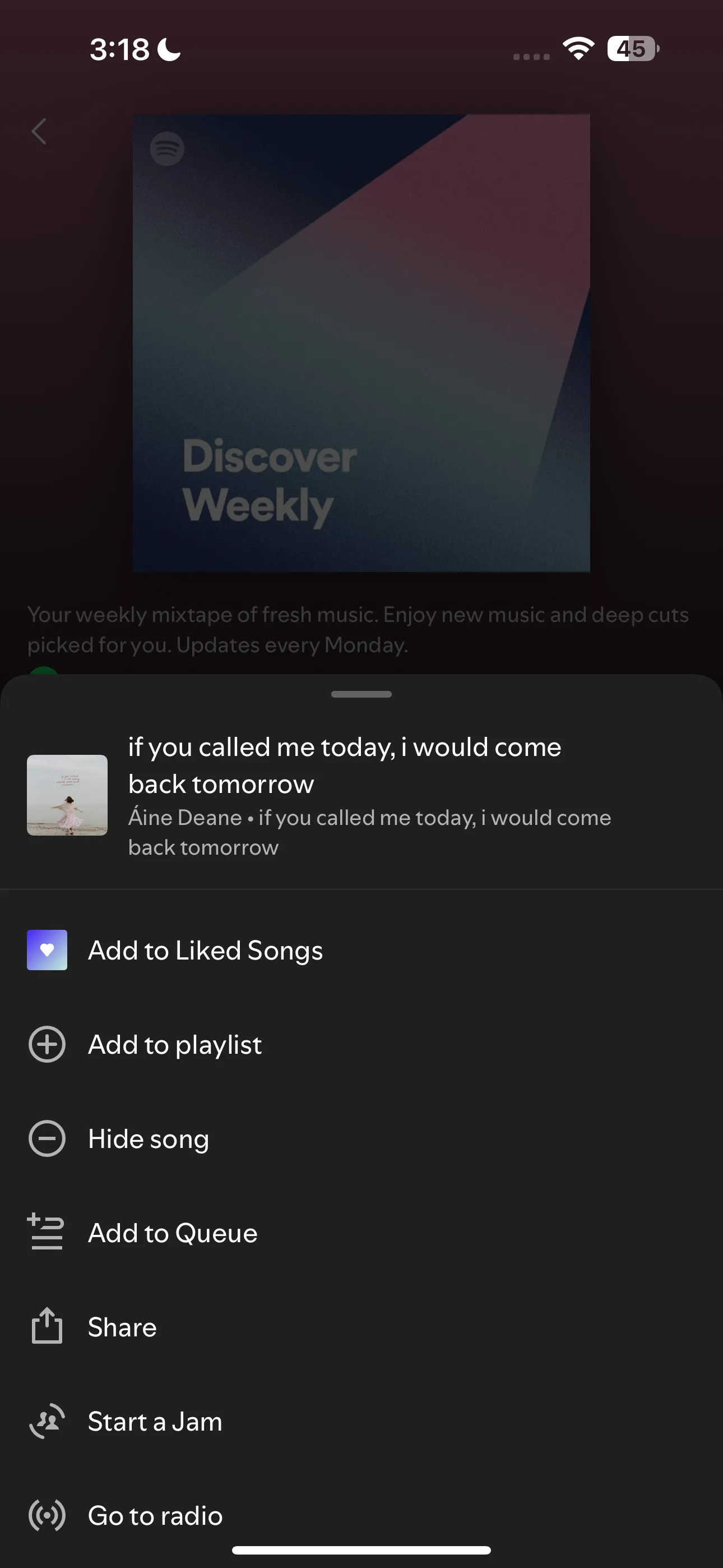 menu tùy chọn trong ứng dụng Spotify với chức năng Ẩn bài hát giúp cá nhân hóa đề xuất